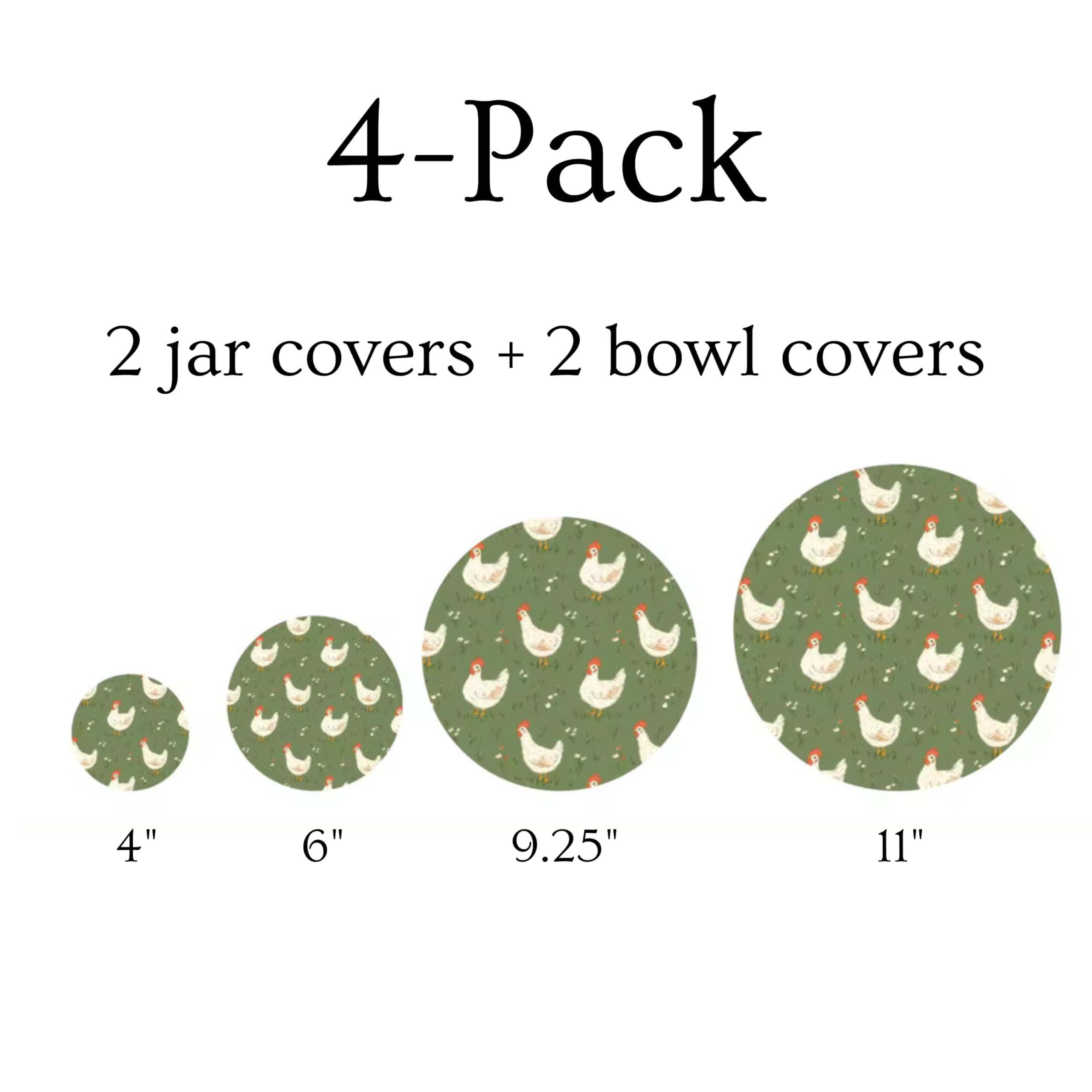 (4-Pack) Sourdough Reuseable Jar & Bowl Covers | Cute Baking Gift | 100% Cotton | Washable | Bread Proofing | Kitchen Food Storage Gifting | Starter Cover Lid Kit (Chickens)