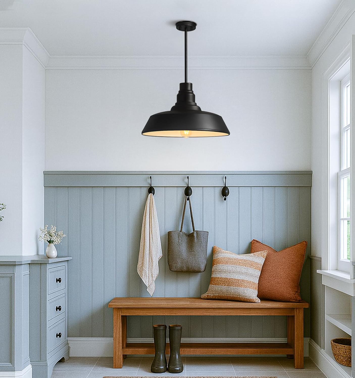 Large 18" Black Farmhouse Pendant Barn Light, Industrial Style Dome Chandelier for Kitchen Island, Dining Room, Living Room, Hallway, Large Vintage Ceiling Light for Indoor Spaces