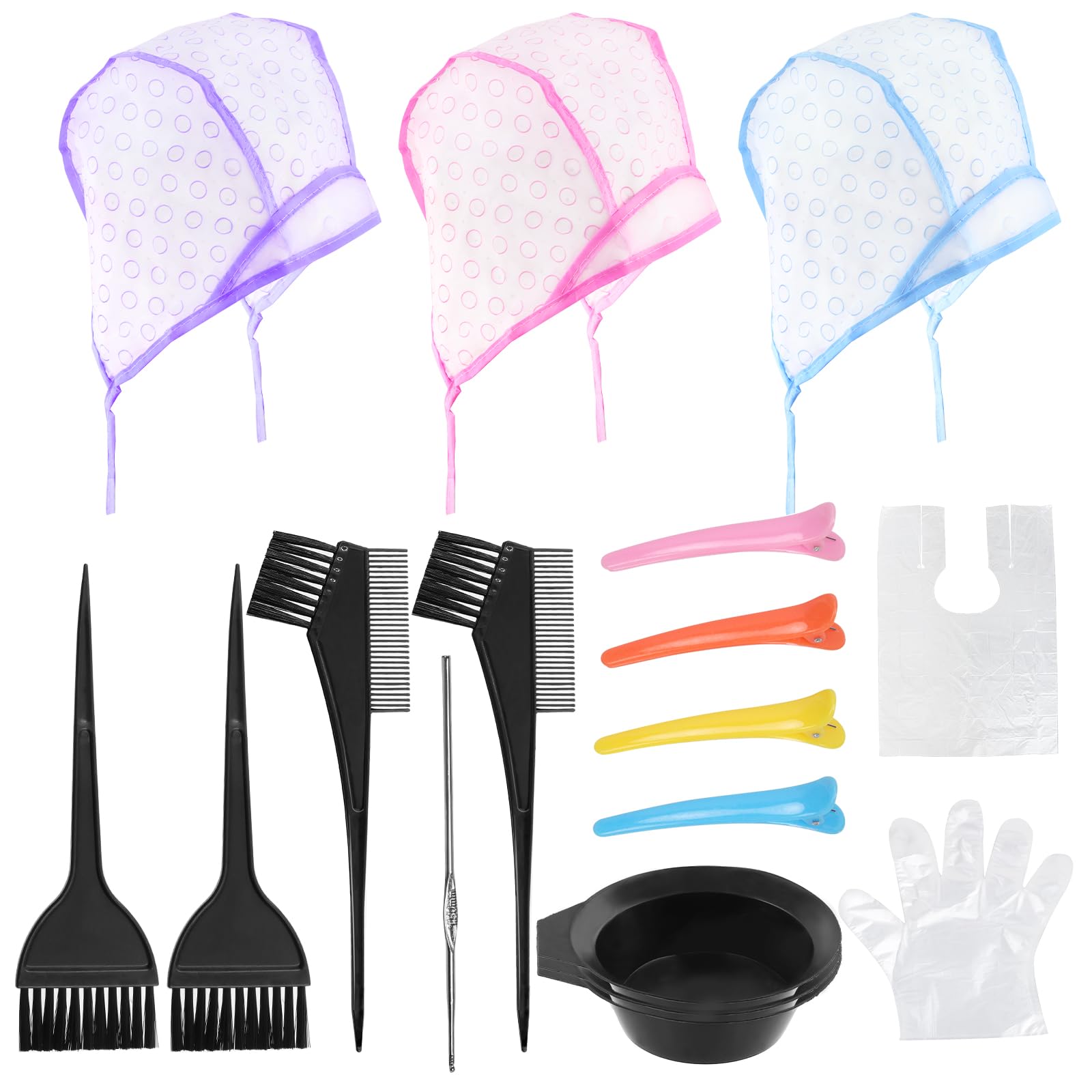 22Pcs Hair Dye Coloring Kit, 3 Color PVC Hair Coloring Caps with Styling Tools, Disposable Hair Dye Shawl with Gloves, Dye Brushes Mixing Bowl, Angled Comb and Clip for DIY Salon Dyeing Hair