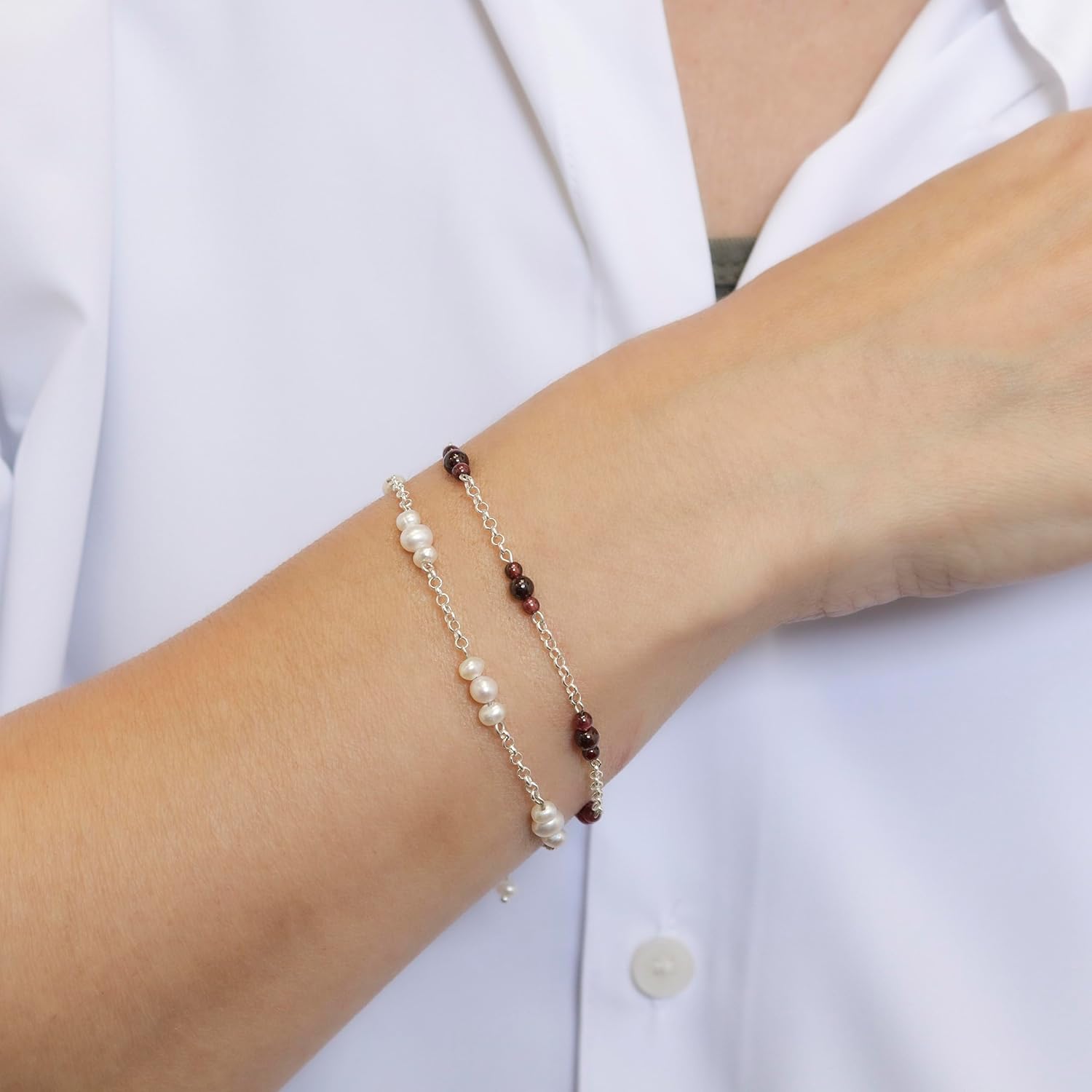 ADITA GOLD 925 Sterling Silver Garnet Bracelet - Adjustable 16-18cm Chain, 4mm Round Beads - Garnet Womens Bracelets - January Birthstone - Perfect Anniversary and Valentines Day Gift - Image 2