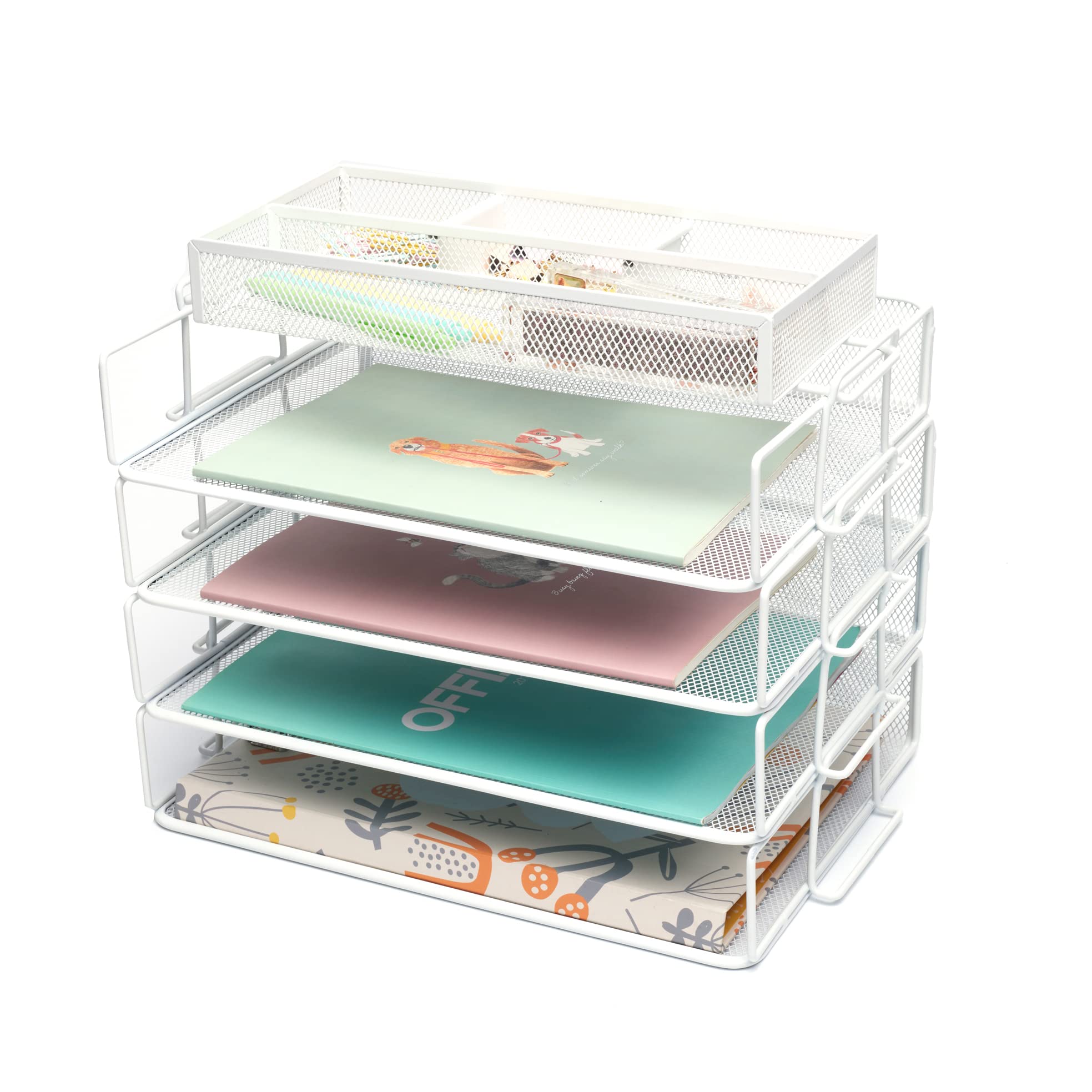 EXERZ 4 Tier Stackable Letter Trays with Memo Accessory Organiser White
