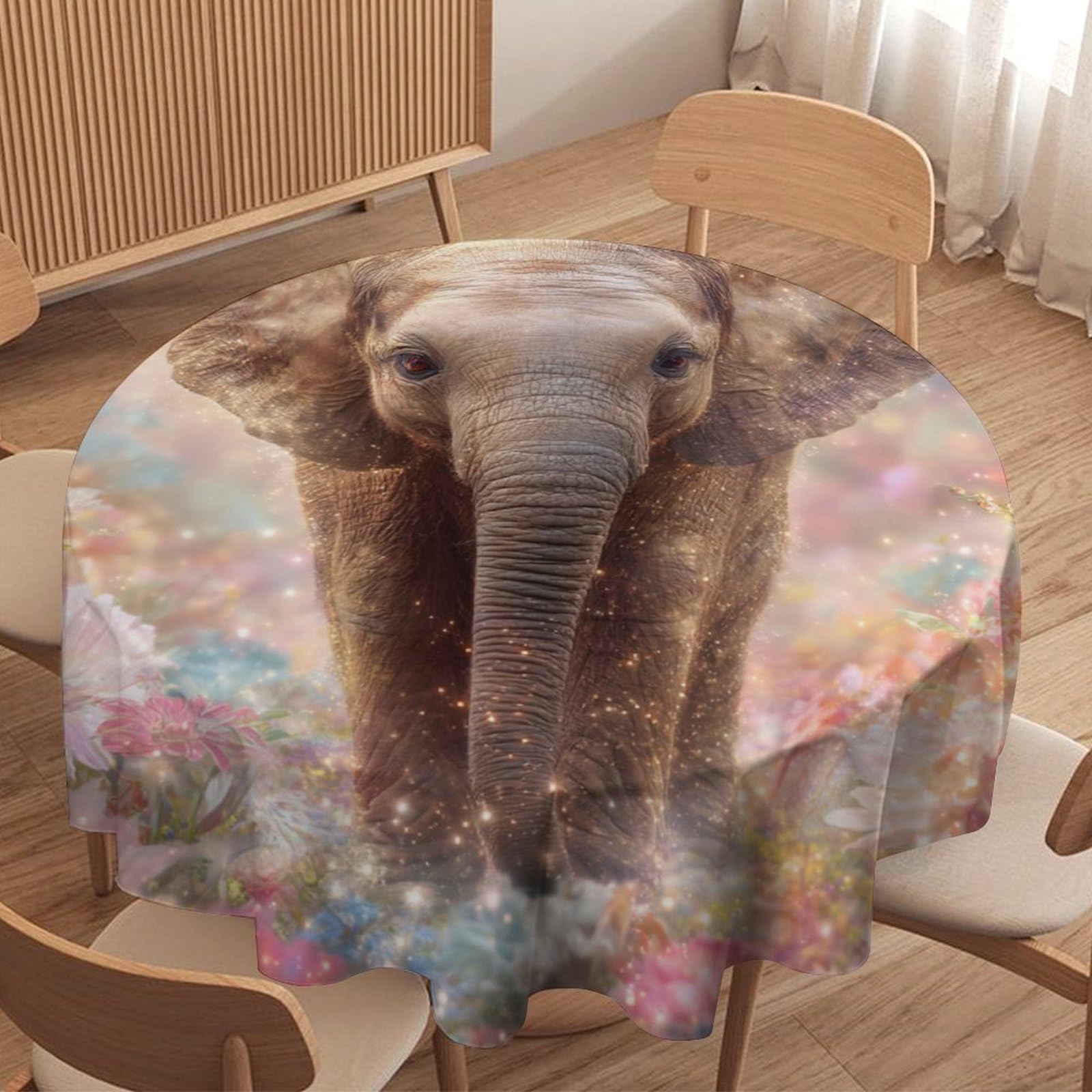 LUYYSKY Funny Abstract Baby Elephant Round Tablecloth Colorful Classic Garden African Animal Elephant Flowers Washable Decor for Table Cover for Kitchen-127 Wx127 L cm