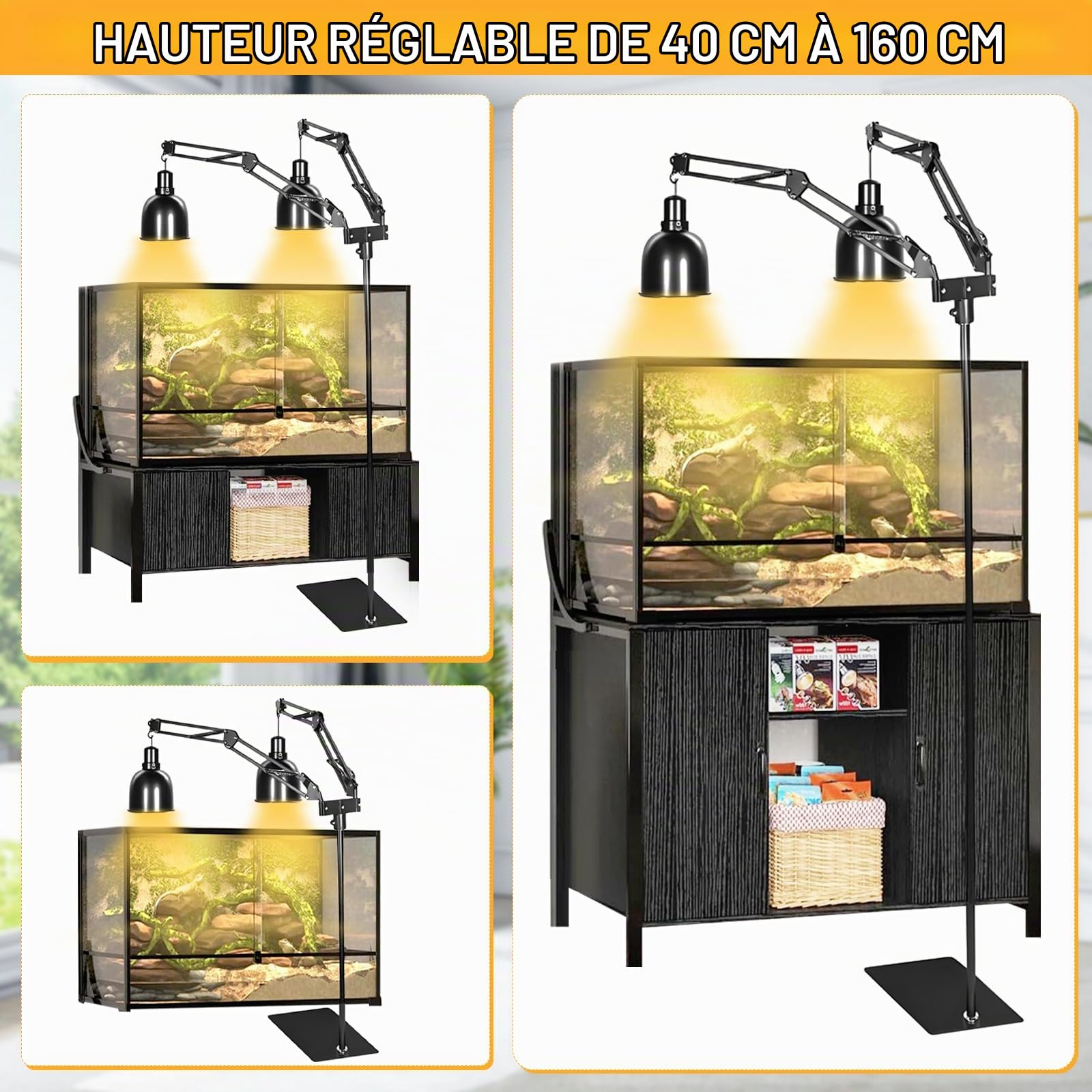 Support de Lampe Réglable pour Reptile, Chauffant pour Aquarium Tortue, Rotation à 360° Support de Lampe pour Terrarium avec 2 Crochets pour Tortue, Terrarium, Réservoir en Verre, Cages