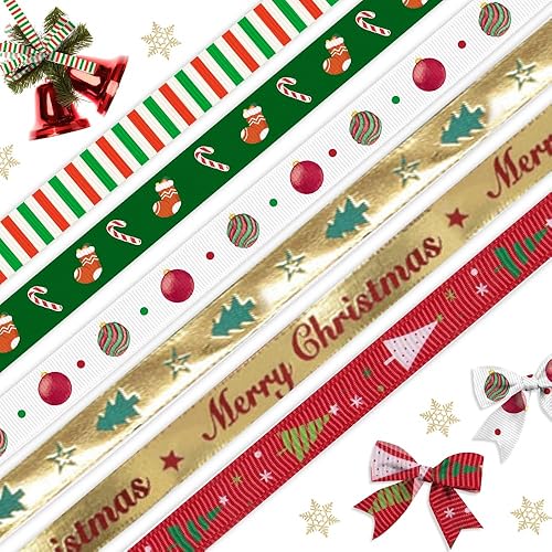 Miniatura 6 de 7 cintas de grogrén de Navidad de 38 pulgadas, cintas de decoración de palabras de Feliz Navidad, 5 yardas, calcetines de árboles de Navidad, cintas