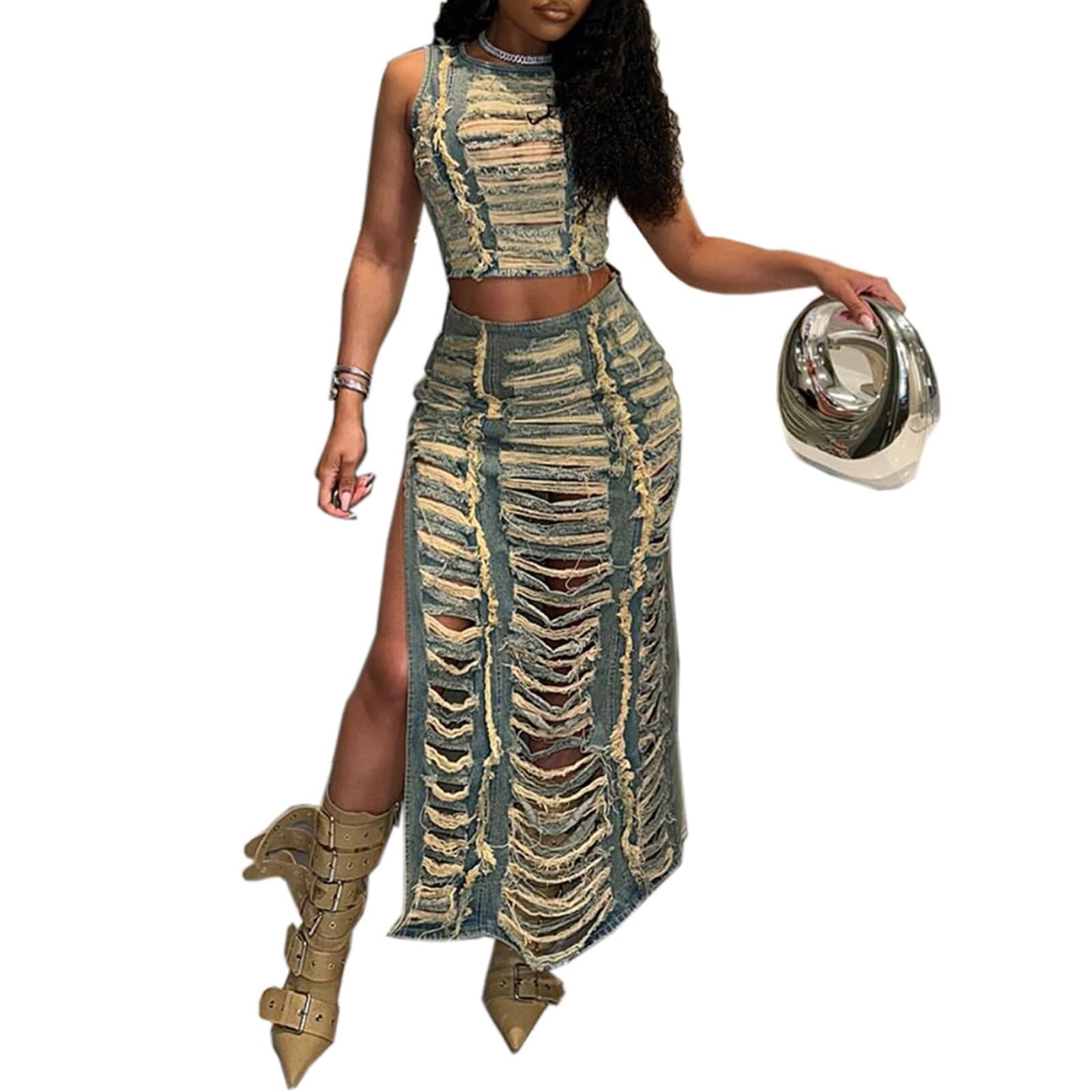 Molilove Women's Summer Denim 2 Piece Outfits Sleeveless Back Zipper Crop Top and Split Long Skirt Set Jean Tracksuit Street