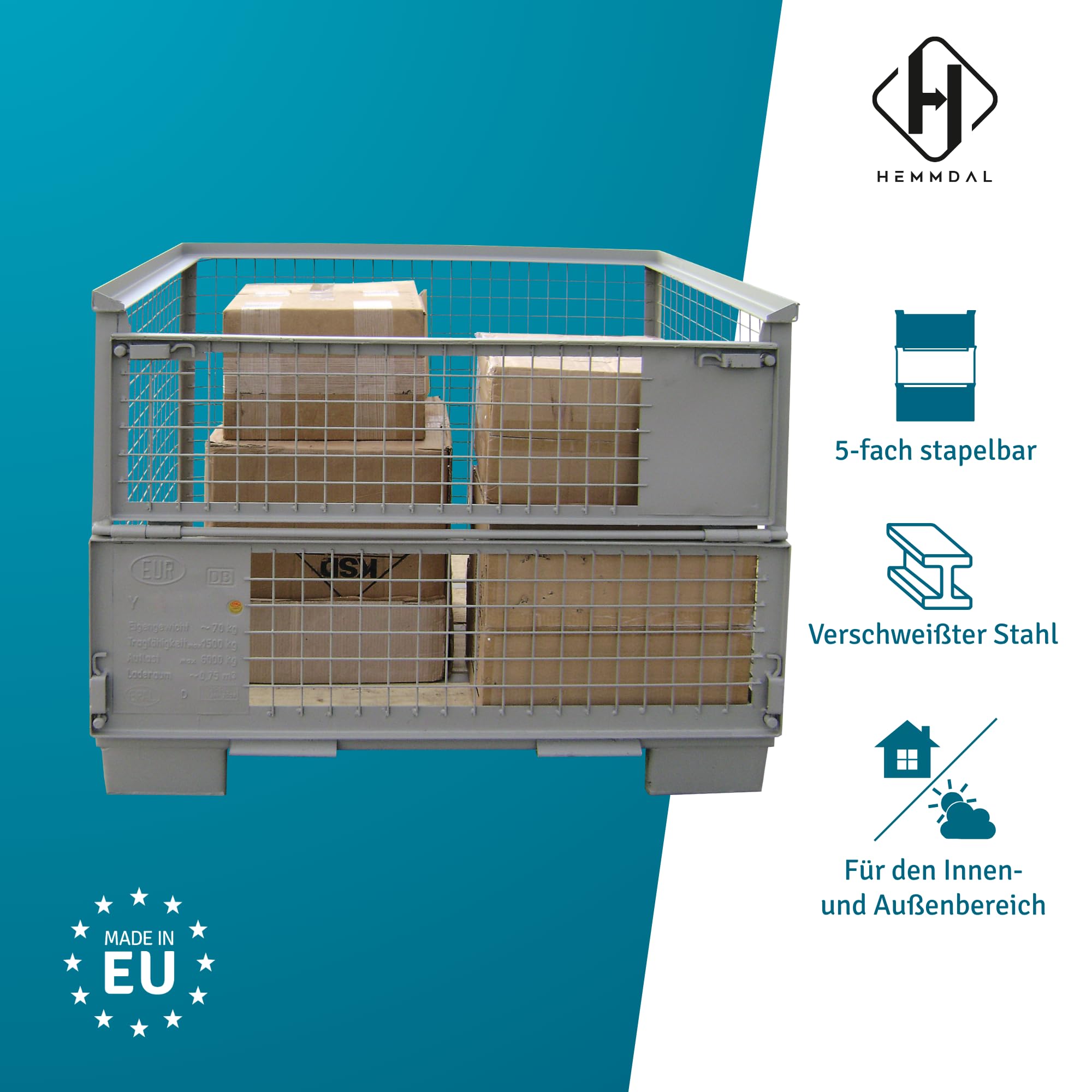 HEMMDAL Euro-Gitterbox mit 2 Doppelvorderwandklappe | 1.500 kg Tragkraft | HxBxT 97 x 124 x 83,5 cm | Grau | 5 x 5 cm Maschenweite | aus Stahl | stapelbar | tauschfähig | Gitterbehälter