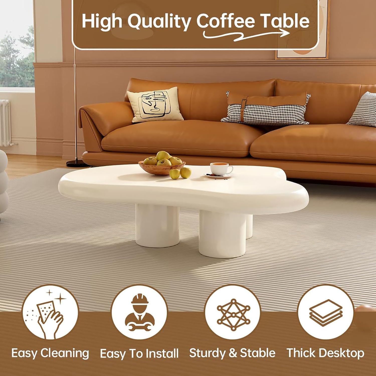 Cute cloud-shape coffee table Modern Cream White Coffee Table small Home Decor Center Table with 3 Legs Low Floor Table for Living Room Balcony indoor indoor - Image 5