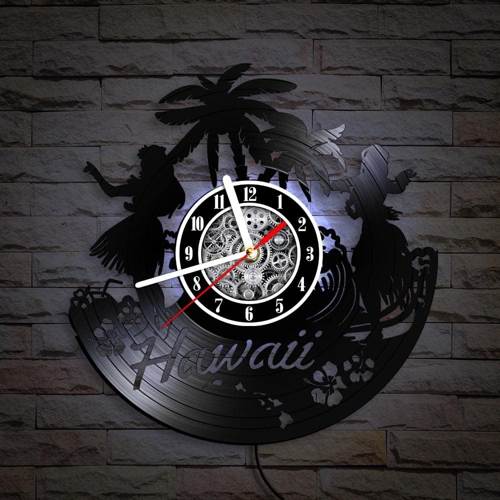 The Geeky Days Hawaii Sun Summer Holiday LED Vinyl Record Wall Clock 7 Color Light, Silent Quartz 12inch Vacations Fun Vintage Carved Ablum Longplay Hanging Watch Living Room Decor