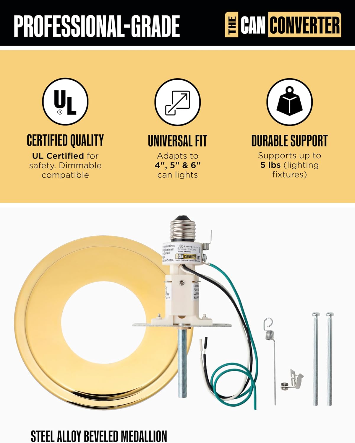 The Can Converter R1 Recessed Can Light Conversion Kit w/ 8¼" Steel Beveled Ceiling Medallion - Home Improvement for 4", 5" & 6" Cans, Fan & Light Fixture Converter Kit, UL Certified, Polished Gold