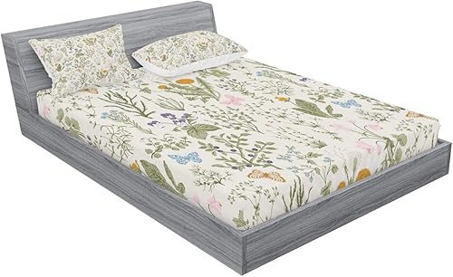 Miniatura 321 de Ambesonne - Juego de sábanas bajeras y fundas de almohada, diseño clásico botánico, plantas de jardín vintage, juego de 3 piezas con estampado