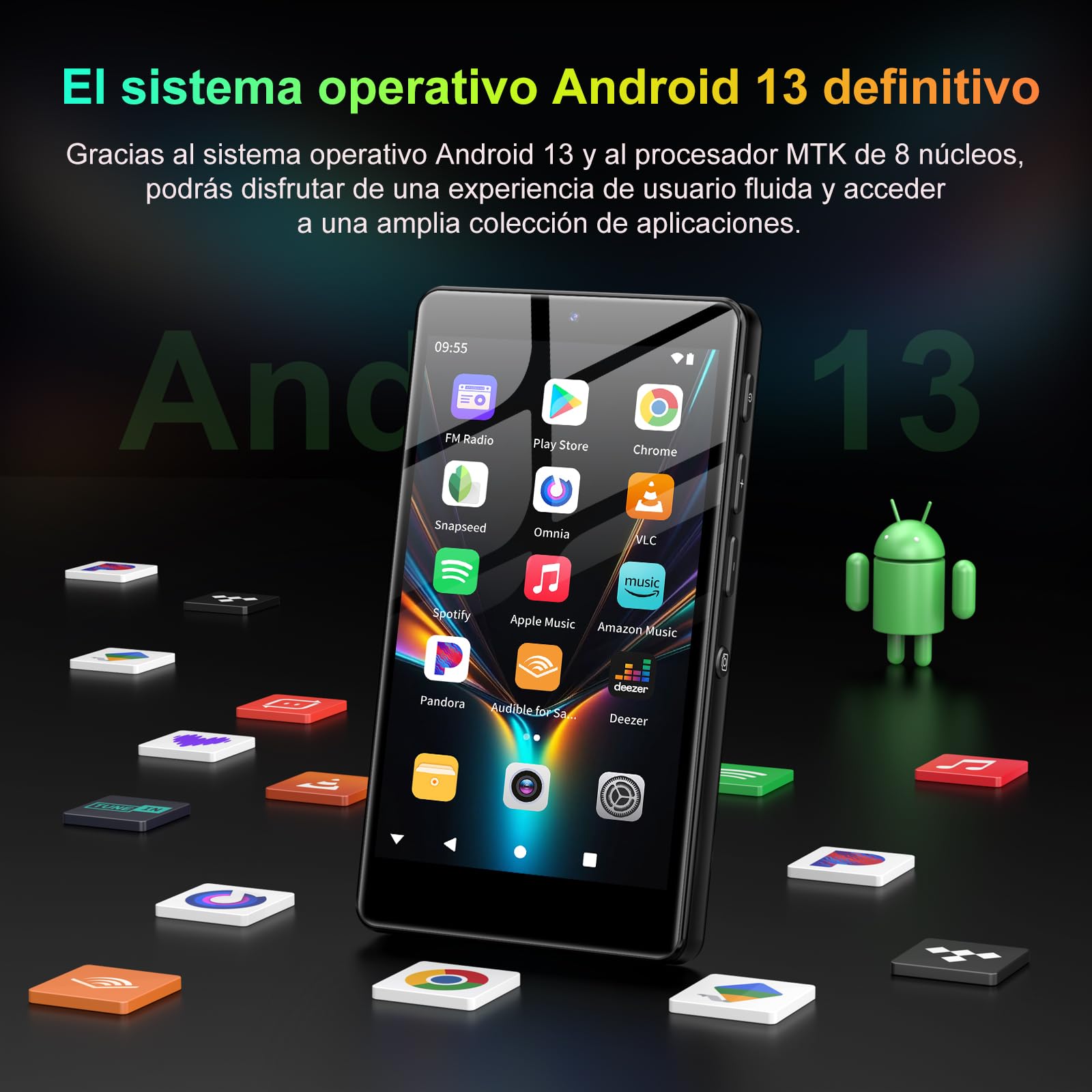Reproductor MP3 de 96 GB con Bluetooth WiFi, Reproductor MP4 de 2000 mAh con cámara y Altavoz, Sistema operativo Android 13 Reproductores de música MP3 con Spotify, Audible y Play Store