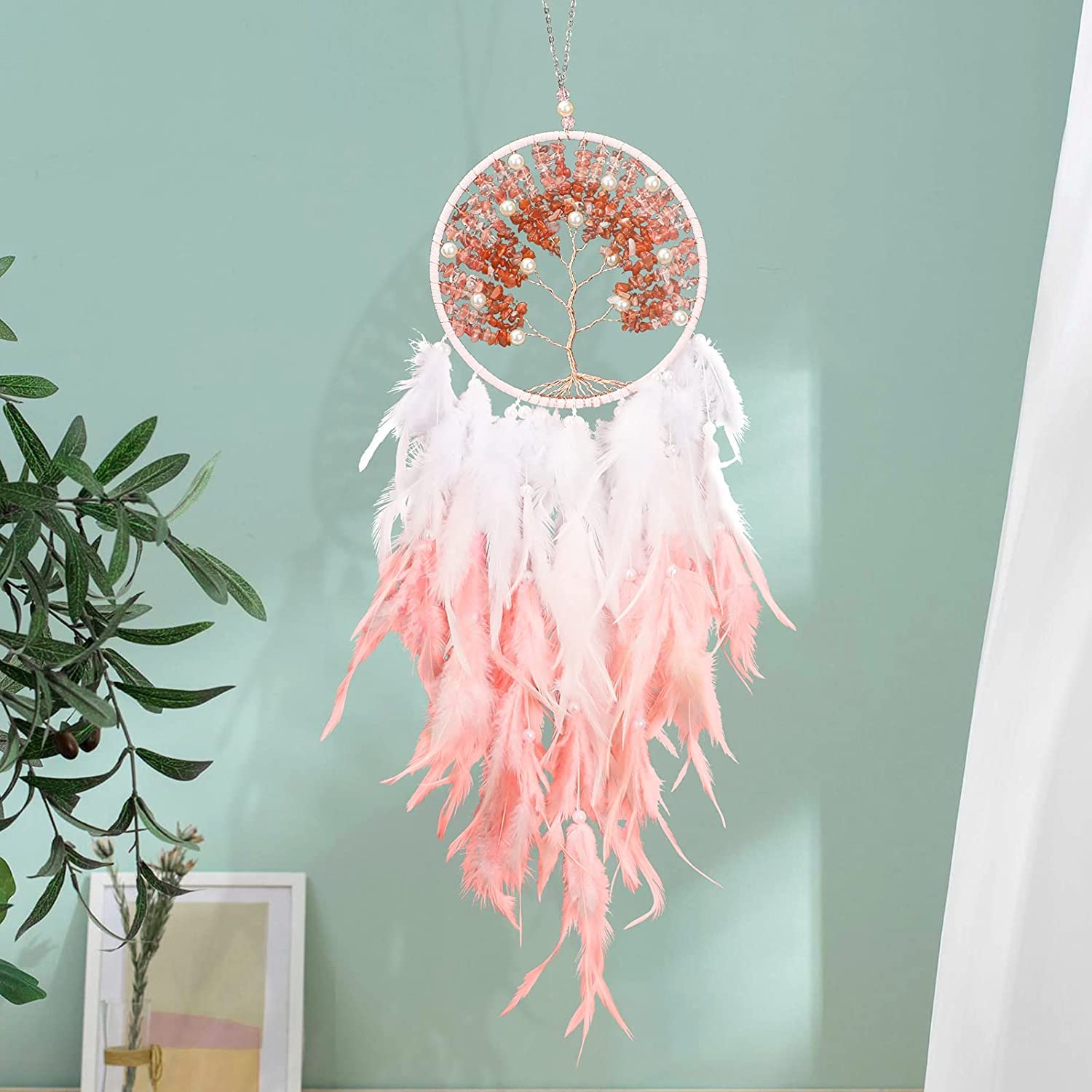 Azonee Dream Catcher, Tree of Life Pink Dreamcatcher Handmade Dream Catchers with Natural Healing Crystal Stone Wall Hanging Decor Ornaments Craft for Girls Bedroom, Car, Home Decoration