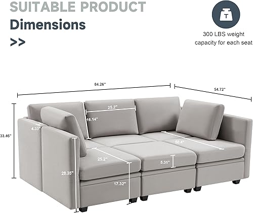 Miniatura 2 de Sofá cama modular seccional, sofá cama reversible, sofá cama modular de 6 asientos con almacenamiento y diván, sofás para sala de estar, gris claro