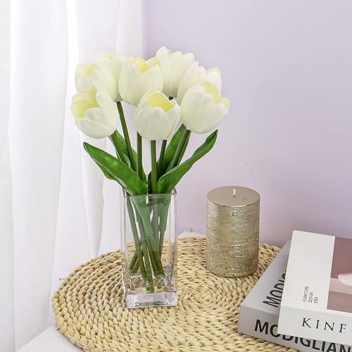Miniatura 6 de Briful Flores falsas, flor de tulipán artificial blanca en jarrón transparente, arreglo de tulipanes de espuma de tacto real adecuado para