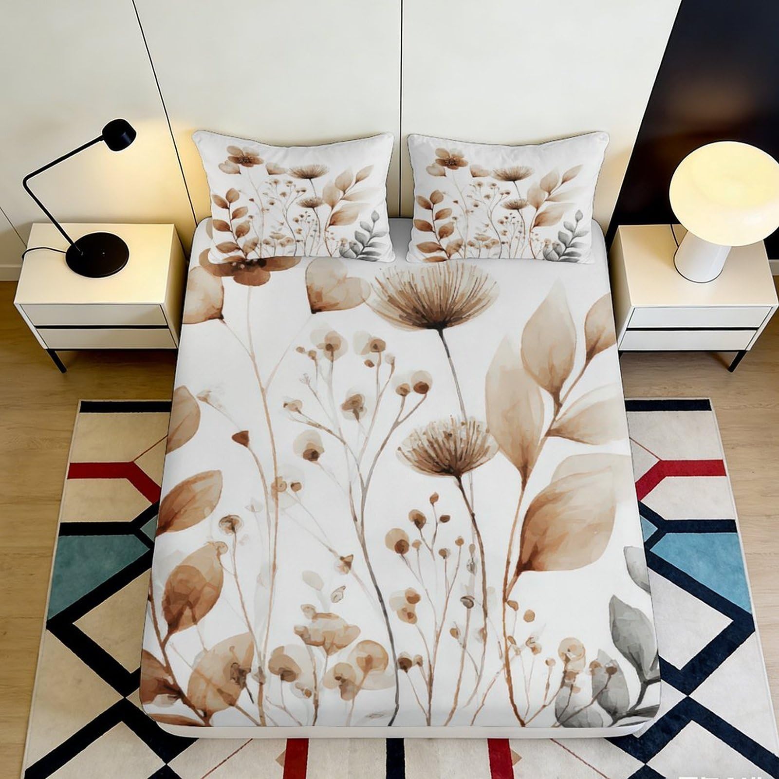 3D Printed Beige Floral Fitted Sheet Microfiber Soft Botanical Bed Sheet for Bedroom Guest Room Mattress Decor 90x200x25cm