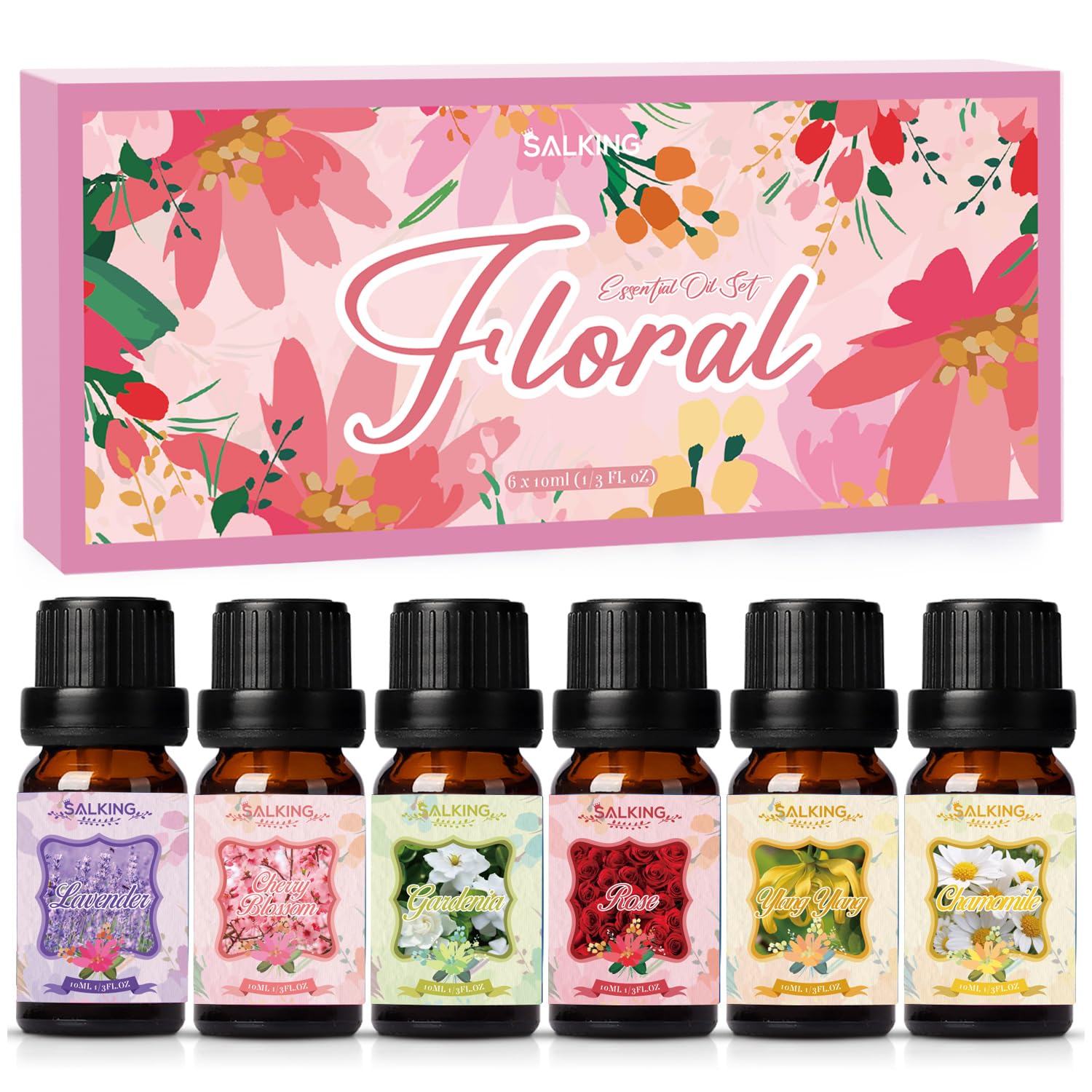 SALKING Flores Aceites Esenciales para Humidificador Difusor 6 x 10 ml,100% Puro Aceites Esenciales Naturales Aceite Perfumado - Lavanda,Rosa, Jazmín, Gardenia, Manzanilla, Flor de cerezo — view 8