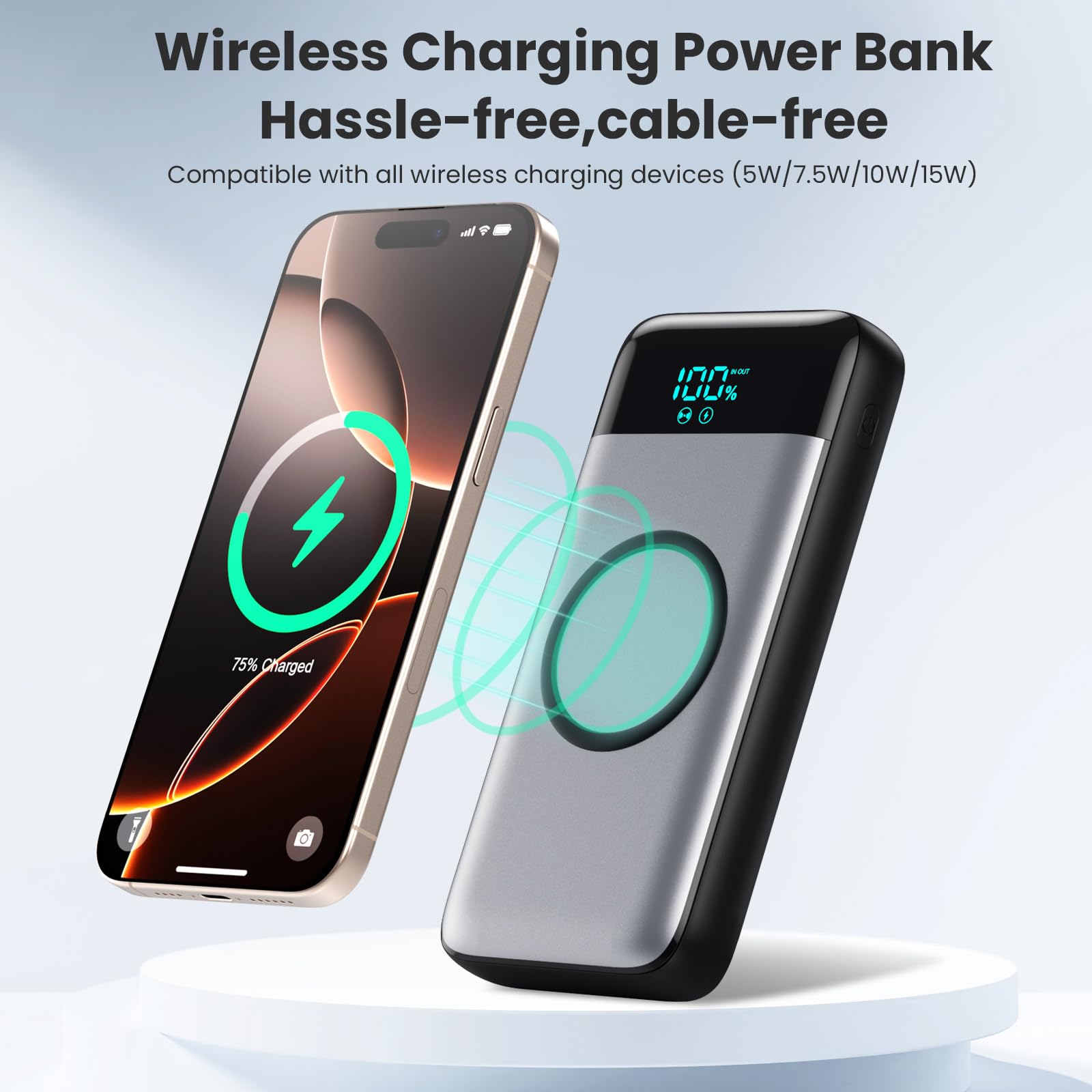 Cargador portátil inalámbrico de 40800 mAh para iPhone con 3 cables integrados, carga inalámbrica 7 en 1 de 15 W, cargador USB C, pantalla LCD de 25 W PD QC 4.0, batería de carga rápida para iPhone 16