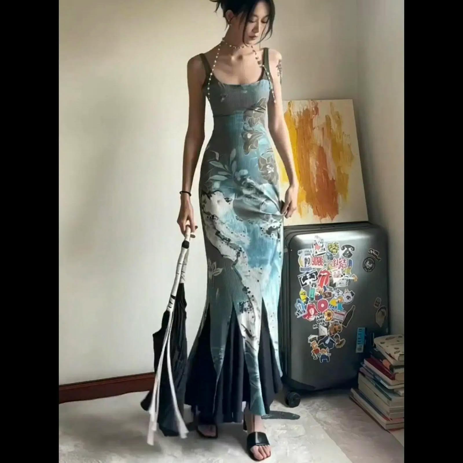 Vestito Donna Elegante Abito Tromba da Cinghie Abiti Senza Maniche Sexy Temperamento Estate Gonna lungo-grigio-4xl