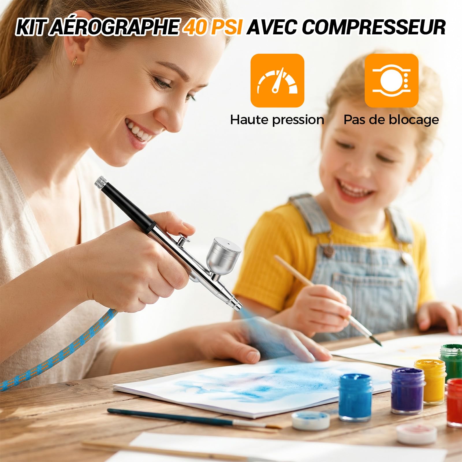 Kit Aérographe Compresseur 40 PSI Double Action avec 3 Tailles de Buses (0,2/0,3/0,5 mm), 3 Aiguilles, Capuchons de Buse, Kit de Nettoyage et Pipette pour Modélisme, Maquillage, Peinture de Voiture