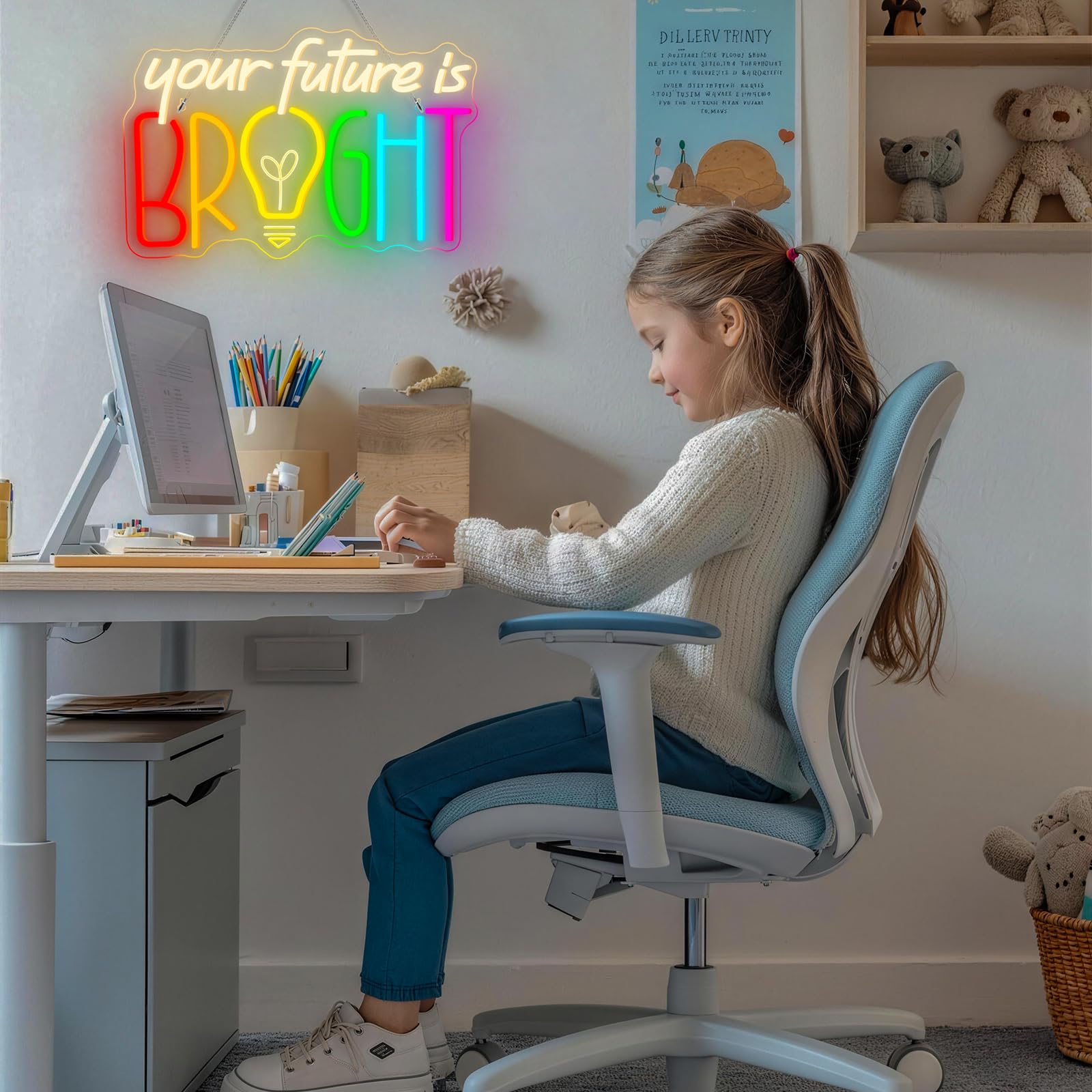 Horseneon Your Future Is Bright - Insegna al neon motivazionale per studenti, decorazione da parete a LED per scuole, regali per insegnanti e aree di studio, alimentata tramite USB con luminosità