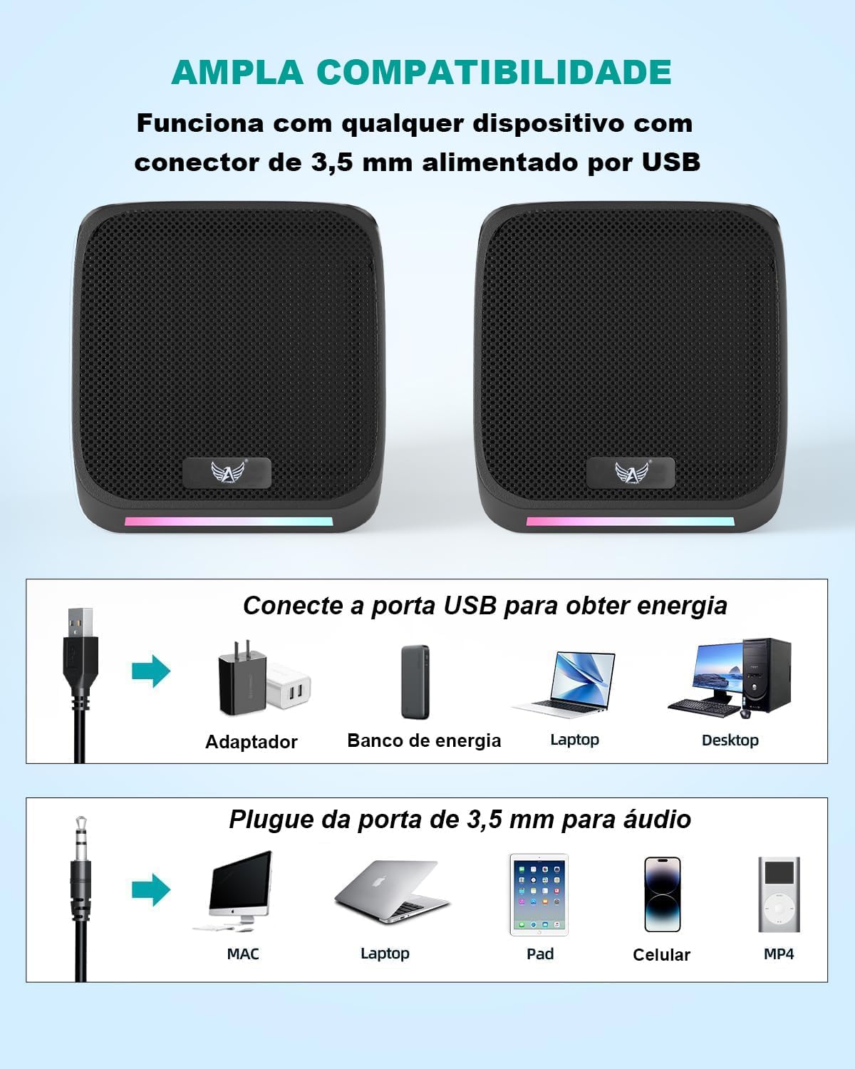Alto-falantes RGB para PC, alimentação USB, conector de áudio de 3,5 mm, compacto, preto