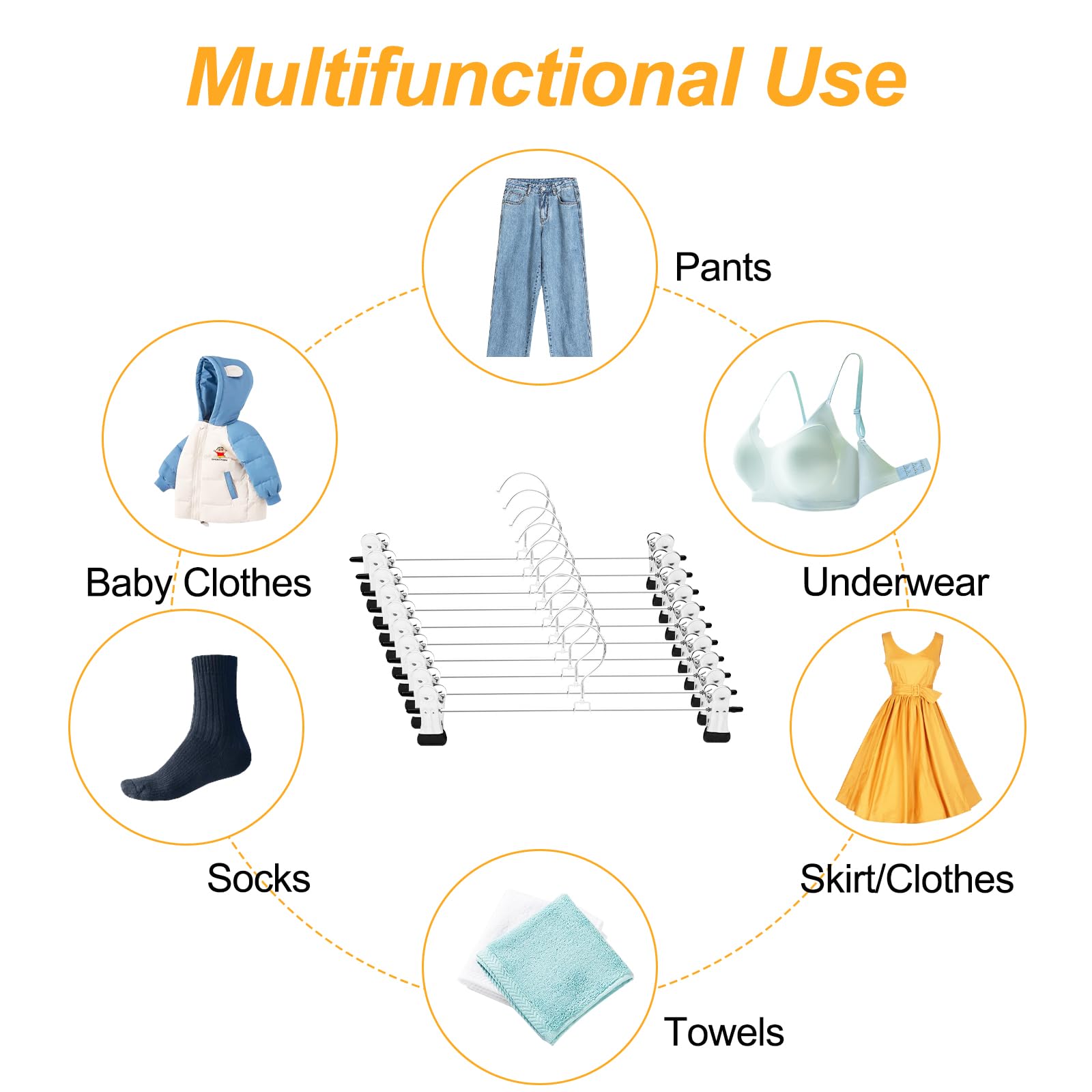 Fousenuk 10 Pcs Perchas para Pantalones 30cm, Metal Perchas con Pinzas Clips Antideslizantes, Revestimiento de Metal Cromado para Pantalones Shorts Faldas Calcetines y Ropa Interior, Ahorra Espacio
