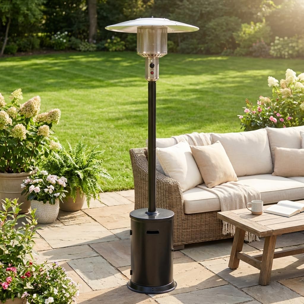 47000 BTU Outdoor Patio Heater With Round Table Design, Double-Layer 304 Stainless Steel Burner and Wheels,Propane Gas Standing Heater,20-Foot Radius, Black Hammered Finish
