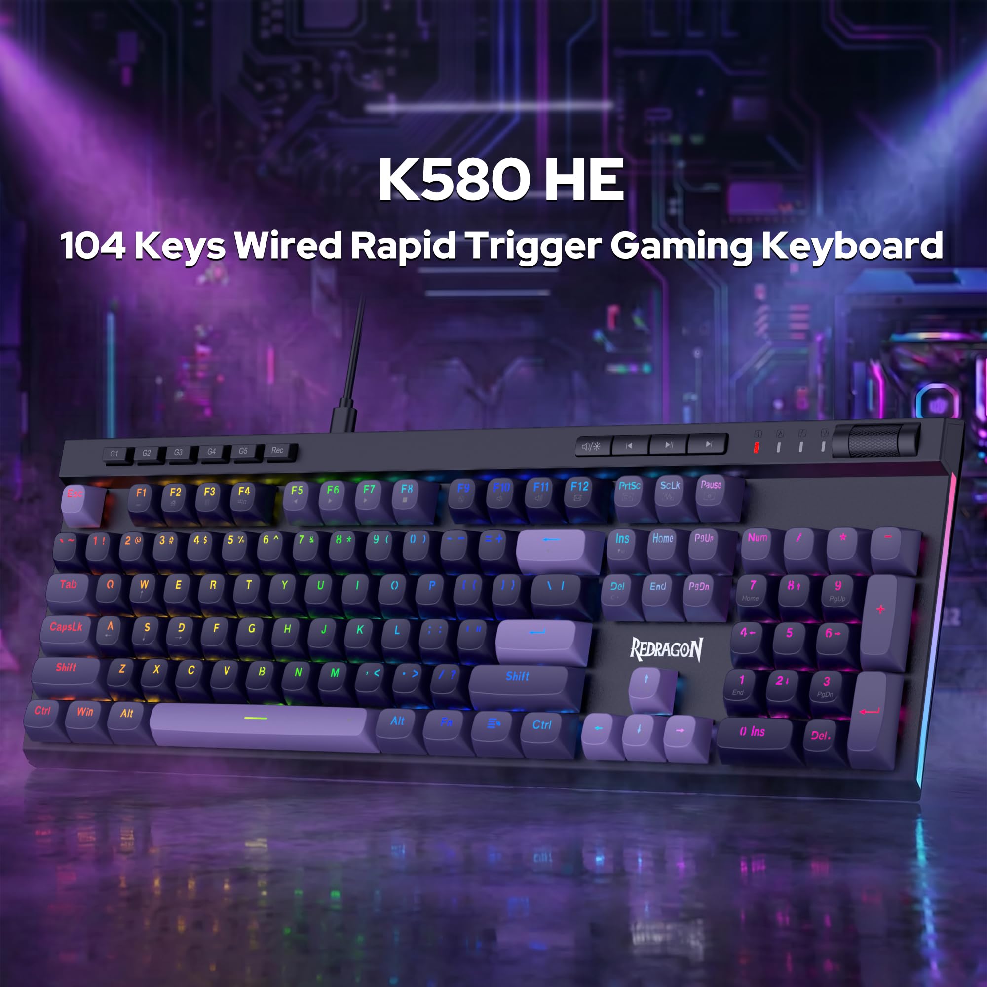 Redragon K580 Wired RGB Hall-Effect Magnetic Gaming Keyboard, Media Wheel view 9