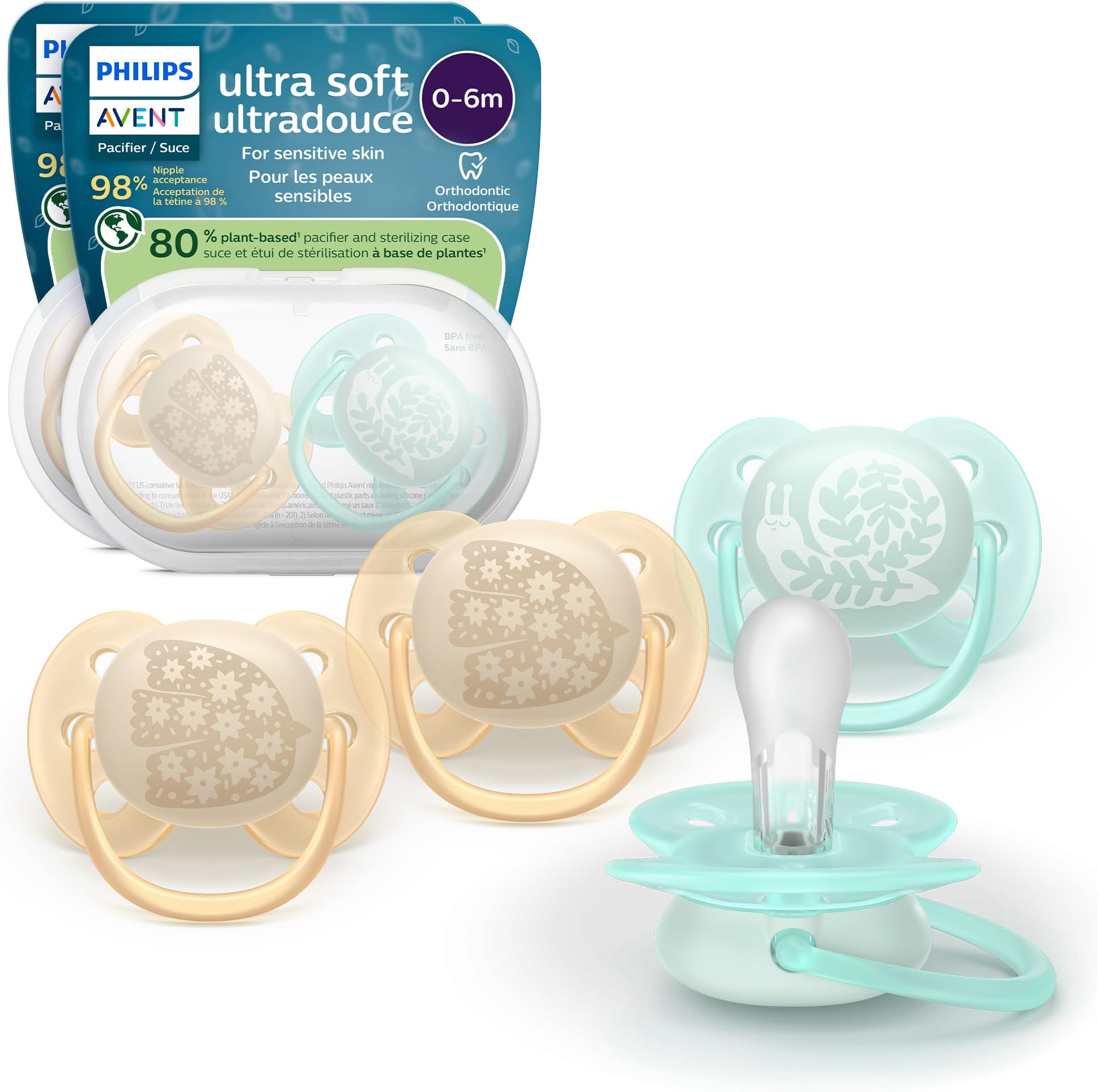 Ultra Soft Pacifiers - Orthodontic Design, for Babies 0-6 Months, Flexible Shield, Silicone Symmetrical Nipple, BPA-Free, 2 Sterilizing Cases, 4 Pack, SCF091/49