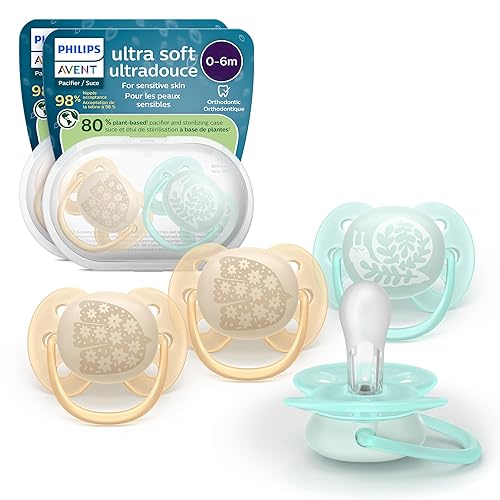 Miniatura 1 de Philips Avent Chupete ultra suave  4 chupetes suaves y flexibles para bebés de 0 a 6 meses, sin BPA con estuche de transporte esterilizador, SCF09125