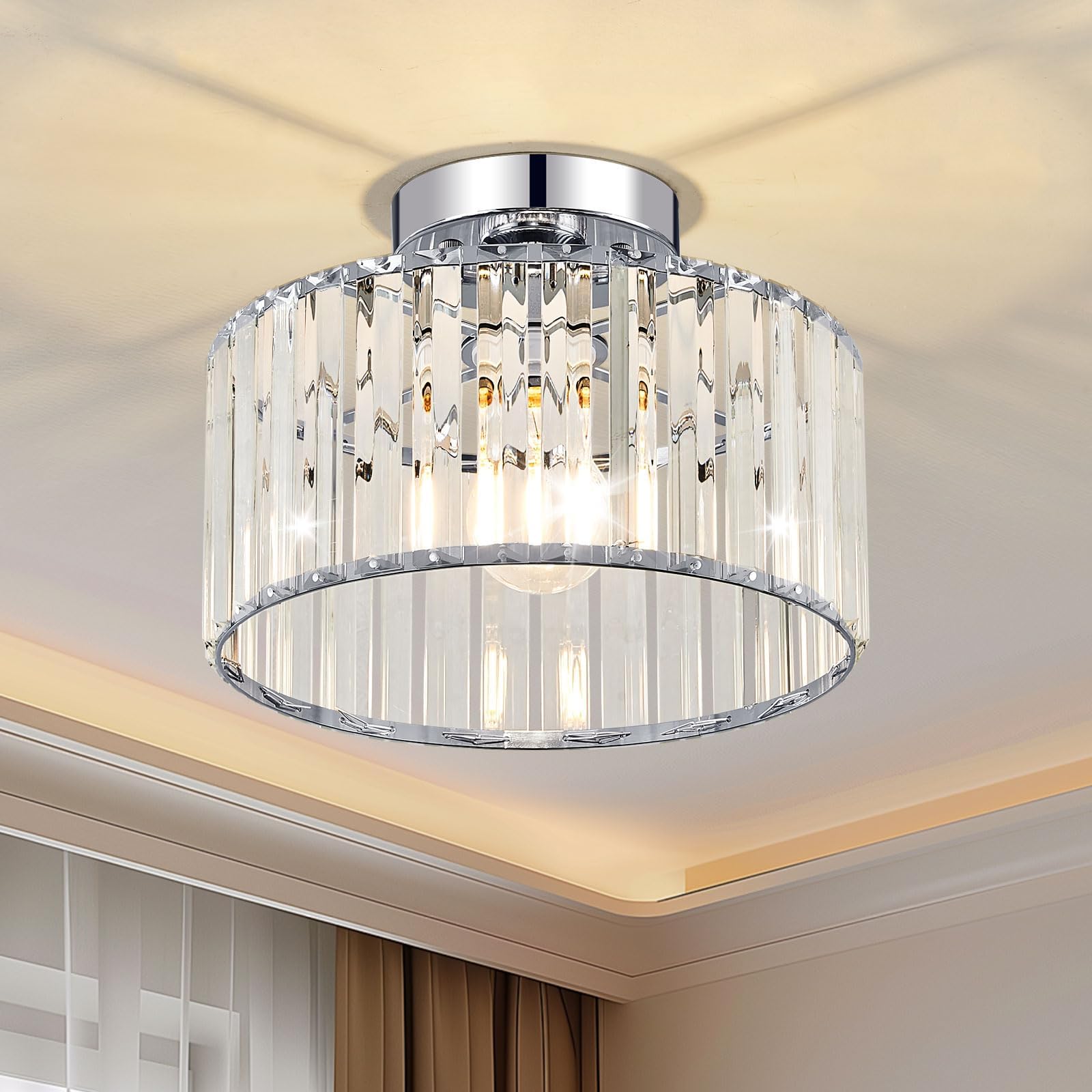 Crystal Chrome Semi Flush Mount Ceiling Light Modern Hallway Light Fixture Metal Close to Lamp for Entryway Bedroom(10.63 inch)