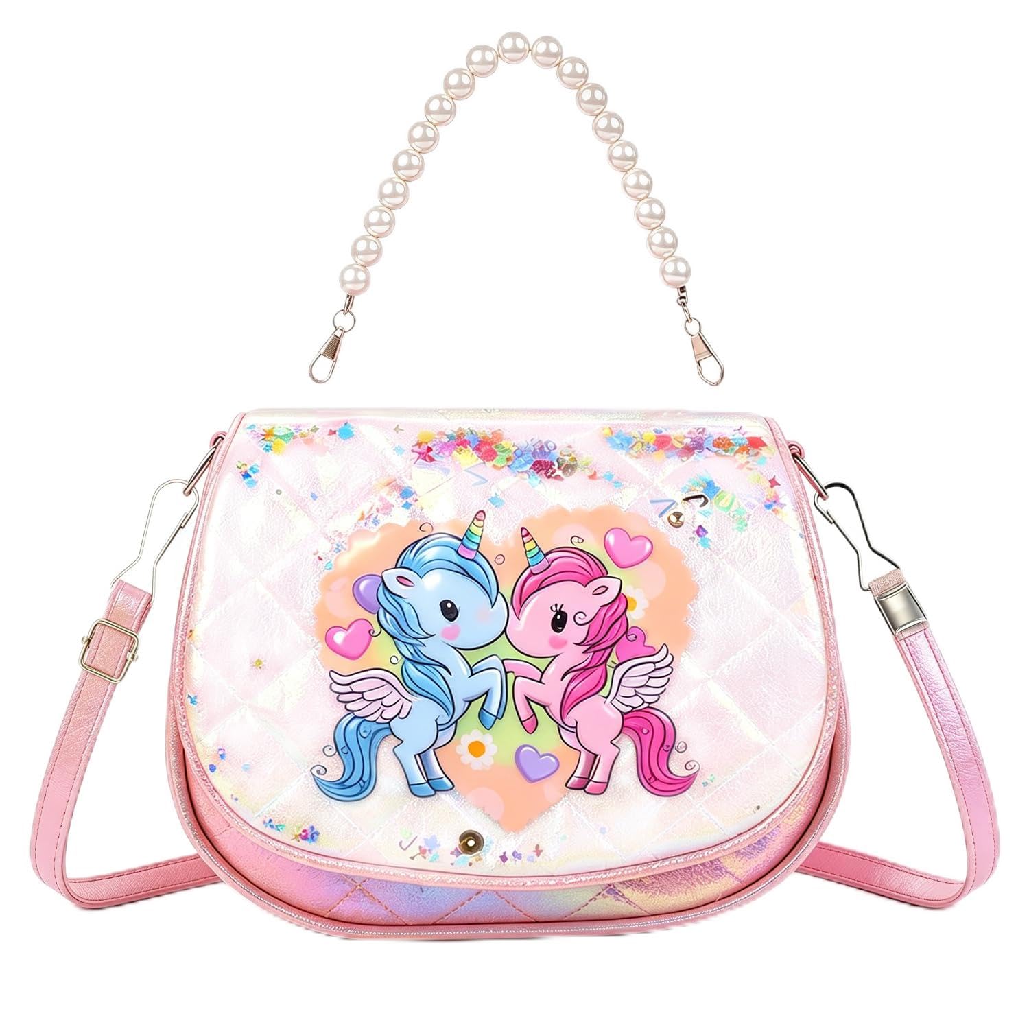 Unicorn Sling Bag for Girls, Women & Kids - Pink, Animal Print, Zipper Closure, Beaded Chain & Shoulder Straps, Compact Size (19x9x14 cm), Birthday Gift-image-11