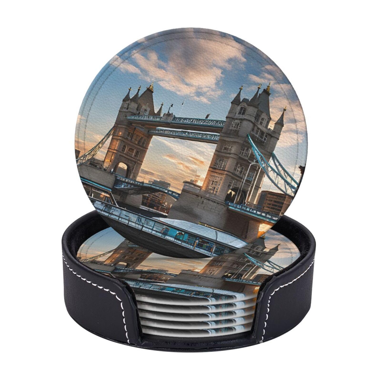 Coasters Set of 6 Microfiber PU leather Coasters with Holders for Drinks Coffee Bar Accessories, House Apartment Coffee Table Decor, Housewarming Gifts - Tower Bridge in London