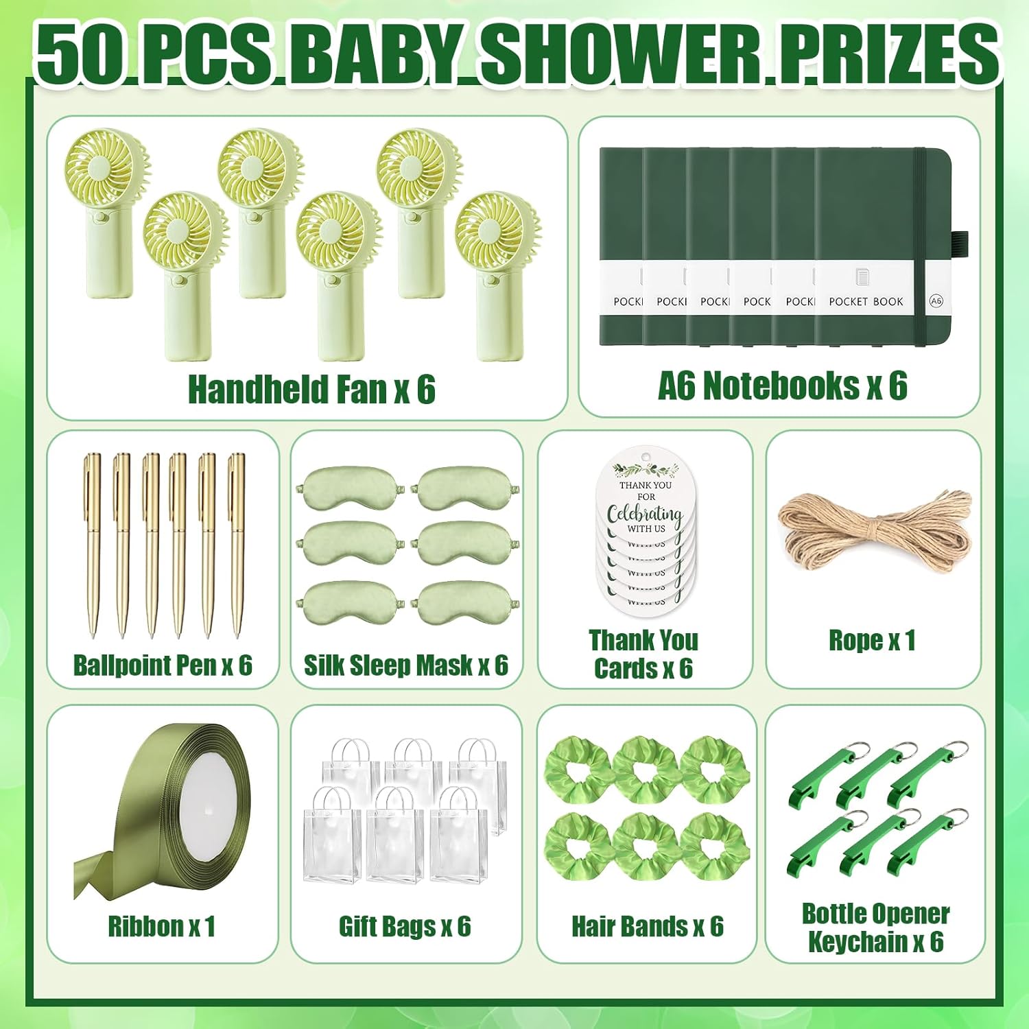 6 Sets Green Baby Shower Prizes for Game Winners Summer Baby Shower Bridal Shower Wedding Thank You Gift for Guests with Handheld Fan, Notebooks, Eye Mask, Hair Tie, Bottle Opener Keychain, Gift Bag