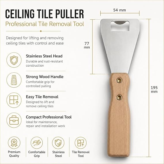 Sevko Ceiling Tile Puller, 420 Stainless Steel Tile Removal Tool with Strong Wooden Handle, Professional Ceiling Tile Remover for Suspended Ceiling Tiles (2)