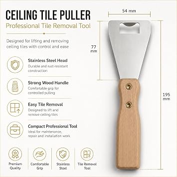 Sevko Ceiling Tile Puller, 420 Stainless Steel Tile Removal Tool with Strong Wooden Handle, Professional Ceiling Tile Remover for Suspended Ceiling Tiles (2)