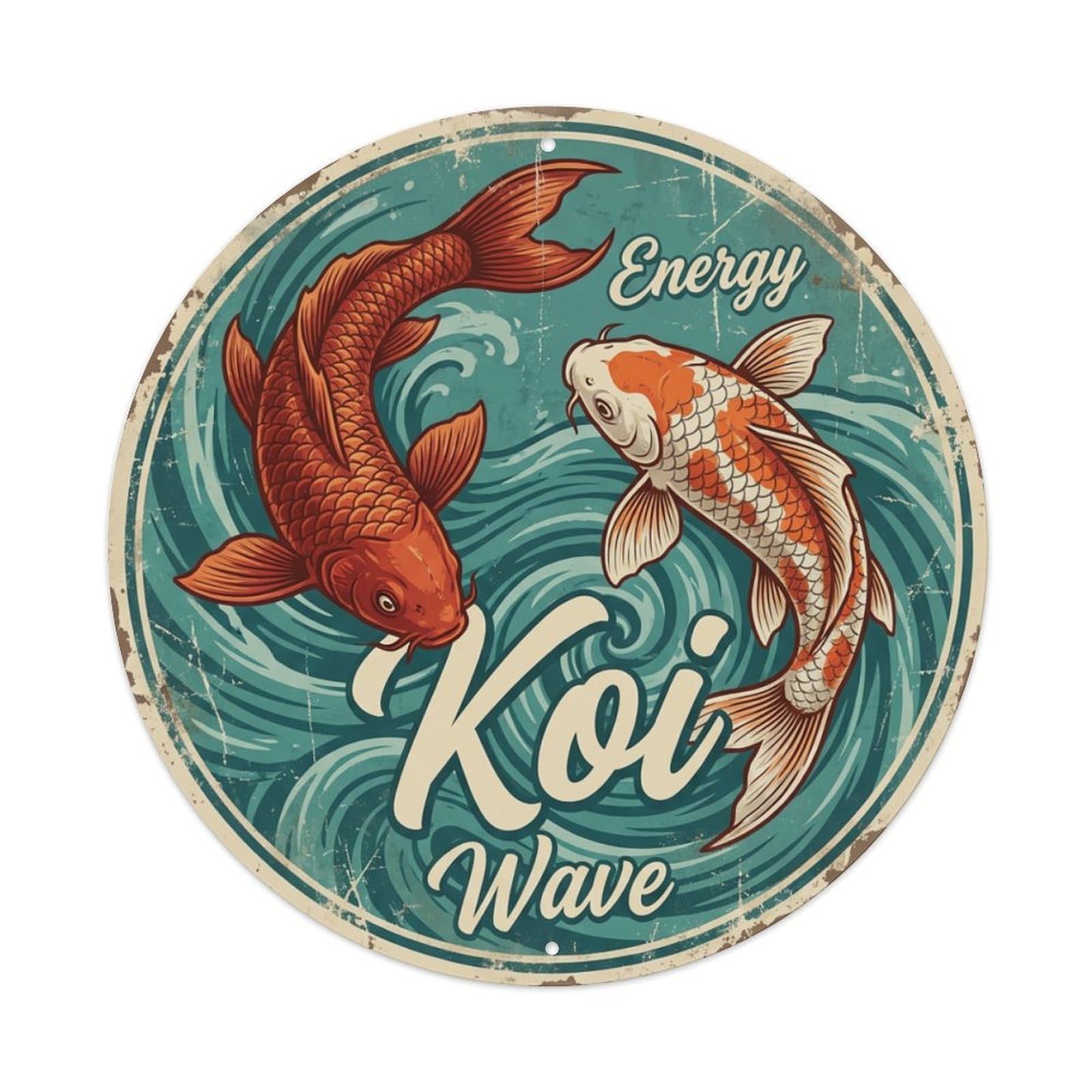 Metal Tin Sign Koi Fish Wave Dynamic Flow Japanese Vintage