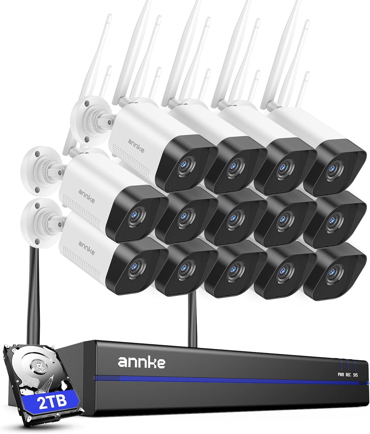 ANNKE Wireless Security Camera System, 16CH 4K WiFi NVR Kit, 14Pcs 3MP CCTV Home Surveillance Cam for Indoor/Outdoor, 2-Way Audio, Night Vision, Weatherproof IP66, Motion Detection, 2TB Hard Drive