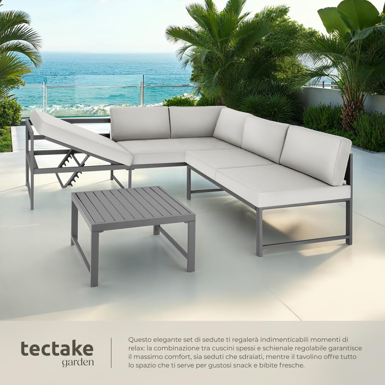 tectake® Set da Giardino, 2 Divani con Morbidi Cuscini, 1 Tavolino Salotto, Salotto da Giardino Esterno, Arredo Giardino per Esterno, Set Giardino Esterno Design Moderno - Grigio