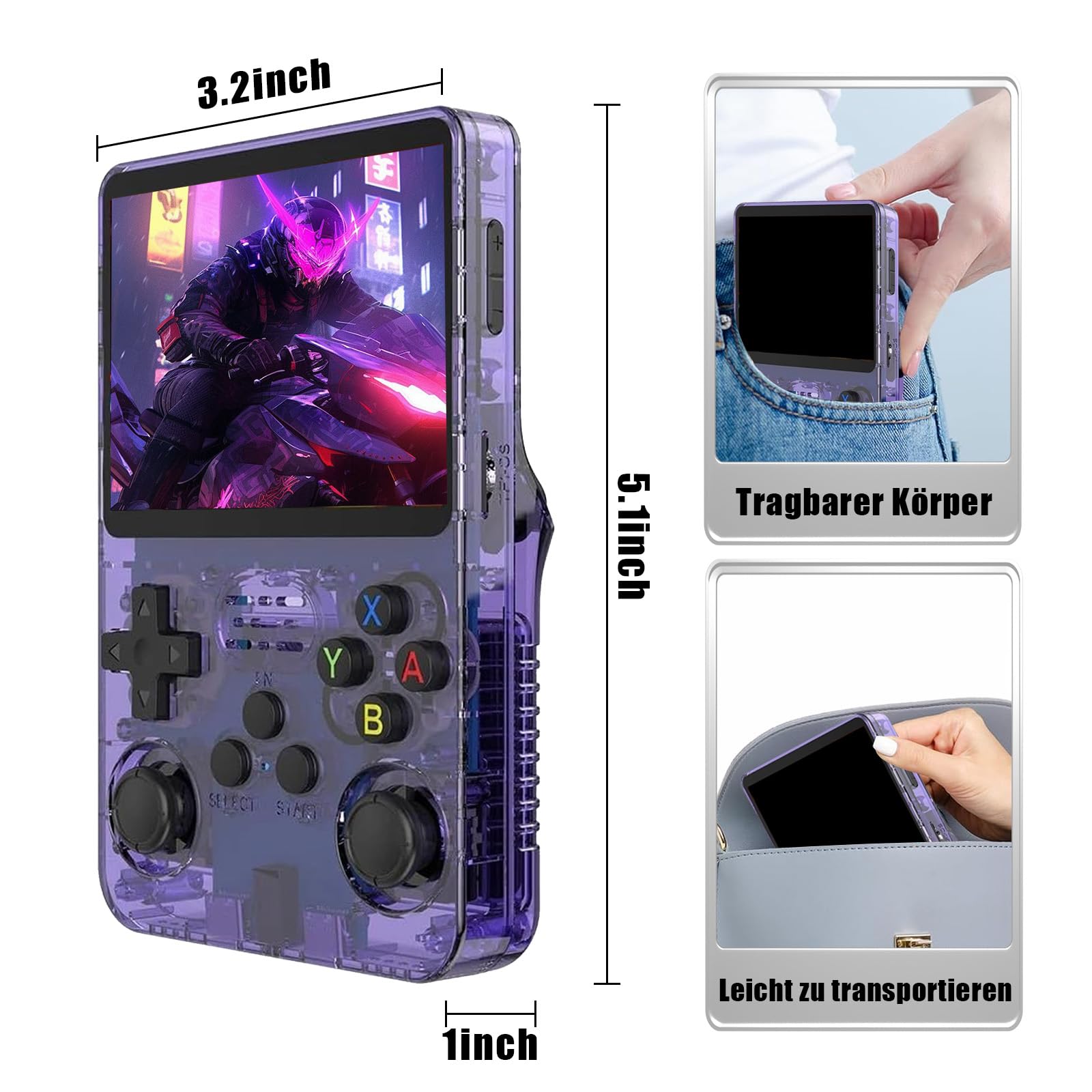 R36S Retro Handheld Spielkonsole, Retro Konsole 3,5-Zoll-IPS-Bildschirm, 128 G über 40.000 Spiele, tragbare Spielkonsole für Kinder und Erwachsene, unterstützt mehrere Emulatoren (Lila)