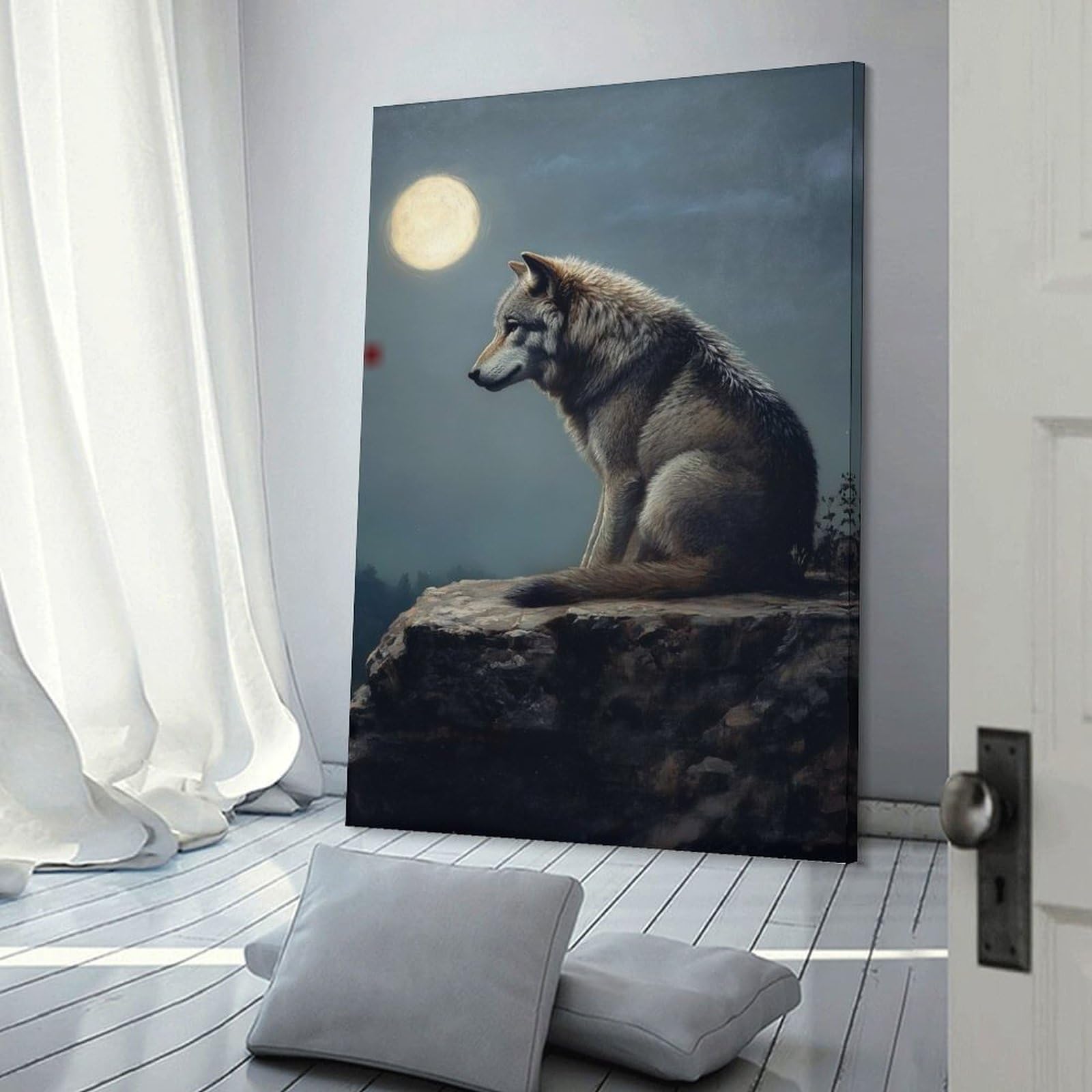 Junmoney Frame-Style-24 Decorative Wall Artwork Wolf Under Moonlight, 24X36inch(60X90cm), For Contemporary Homes, Apartments Or Offices, An Easy Choice For New Home Styling