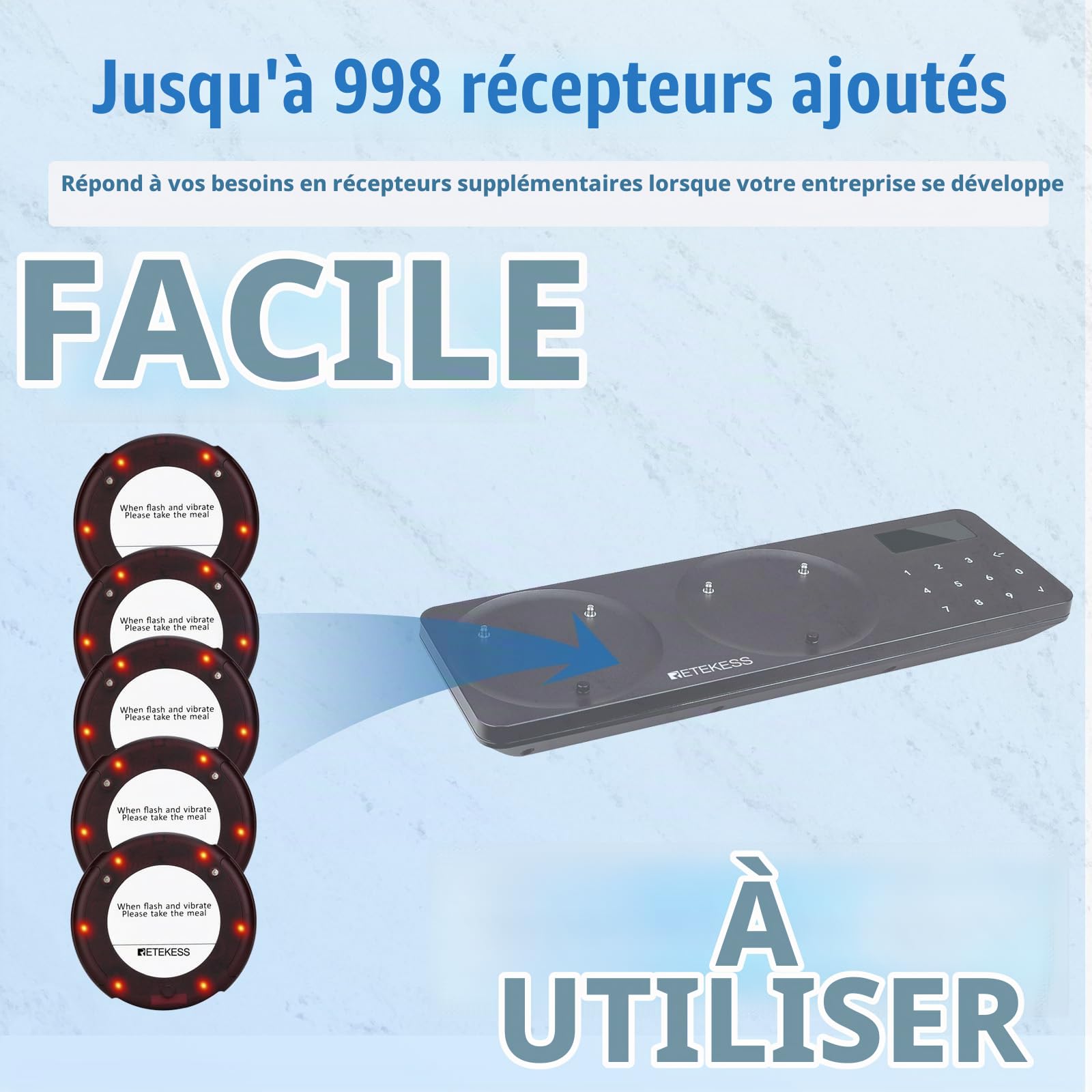 Retekess TD163 Bipeur Restaurant, 5 Bipeurs | Compatible avec TD163 Bipeur Restaurant, 31 Modes d'Appel, Distance de 400M, Batterie 300 mAh