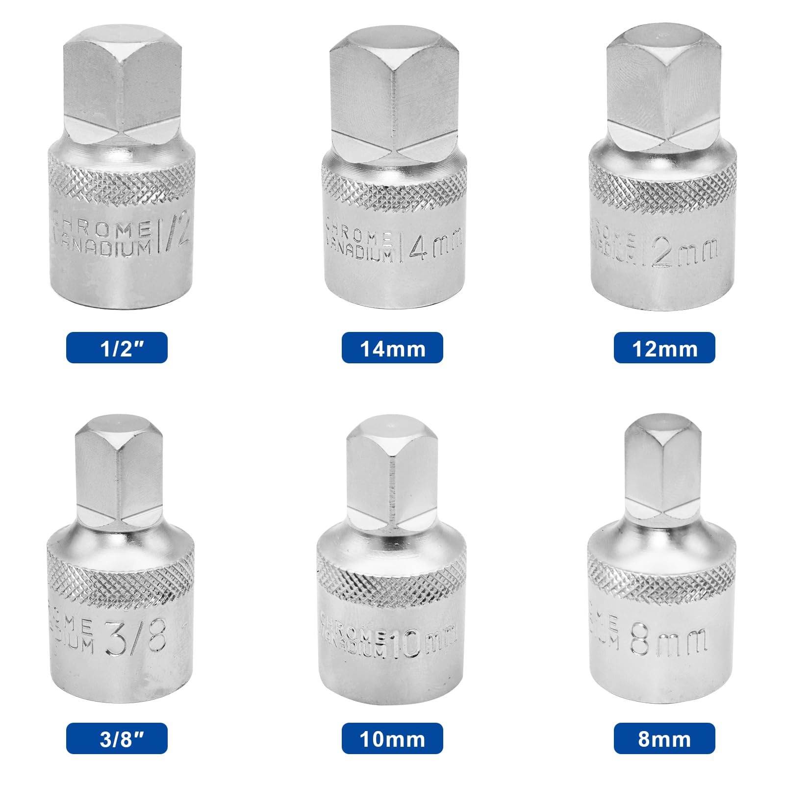 DAKCOS Juego de 6 Llaves de Aceite para Tapones Carter, 1/2" 4PC métricas de 8 mm/10 mm/12 mm/14 mm, Llave para el servicio de aceite de 3/8" y 1/2", acero al cromo vanadio