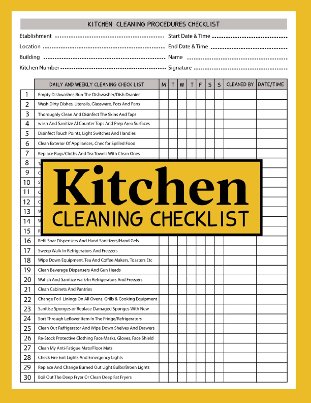 Kitchen Cleaning Checklist Kitchen Cleaning Log Book for Food