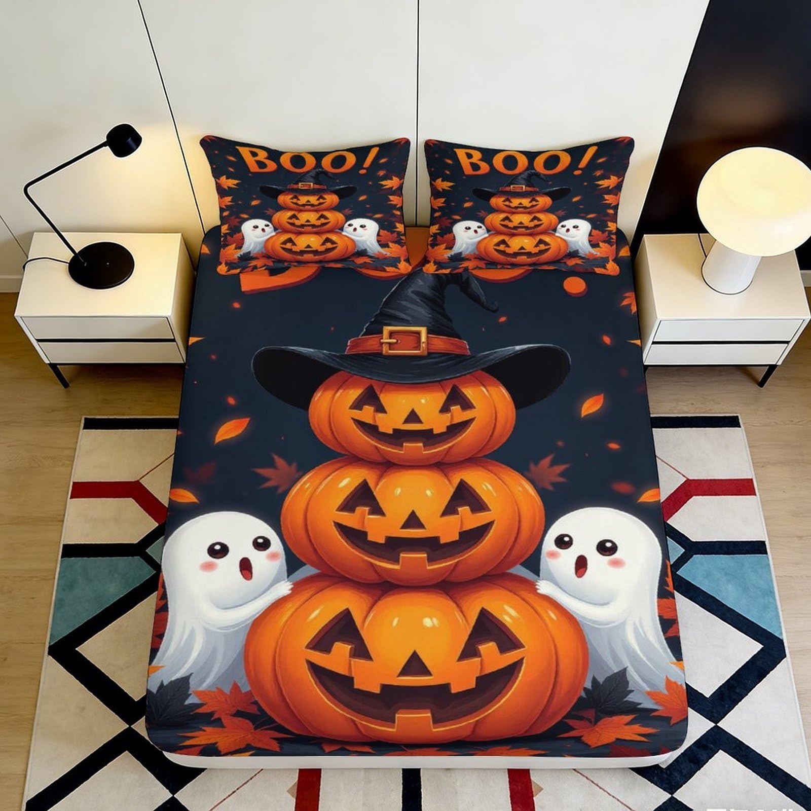 Pnayamiorkfel Style-5 3D Printed Halloween Pumpkin Ghost Fitted Sheet Microfiber Soft Breathable Bed Cover For Bedroom Dorm Decor 90X200x25cm