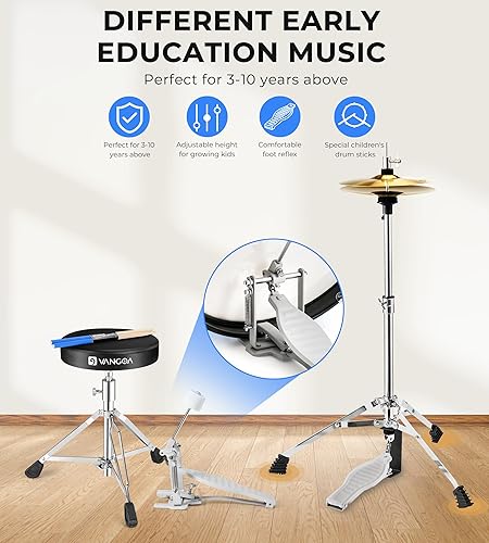 Miniatura 5 de Vangoa Juego de batería junior para niños de 16 pulgadas, 5 piezas, para principiantes, con trono ajustable y platillo, pedal y baquetas, azul