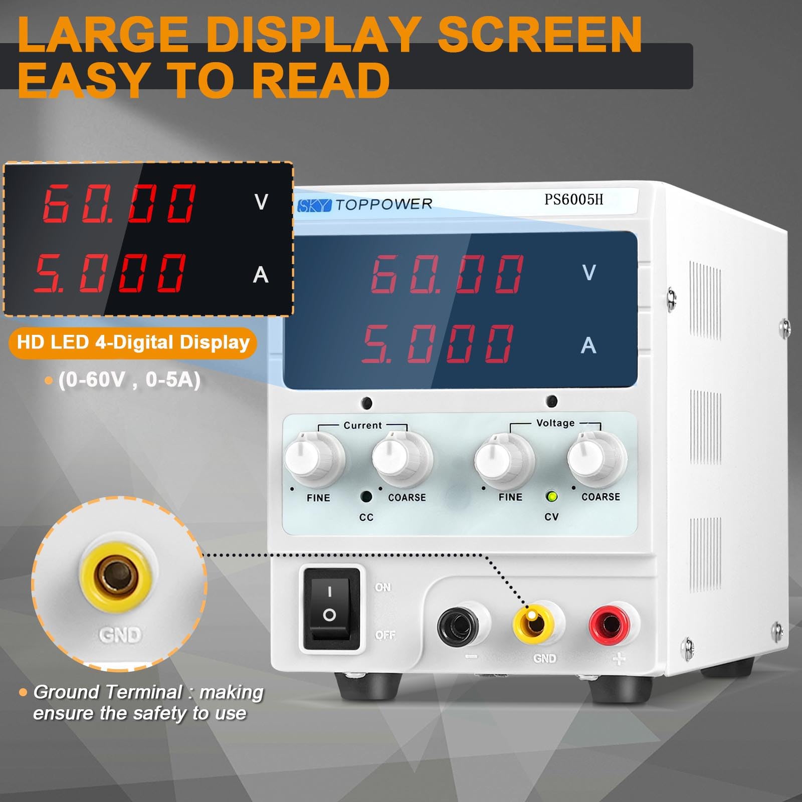 Labornetzteil (0-60V,0-5A),DC Labornetzgerät Regelbar Netzgerät mit 4-stelliger LED-Anzeige für DIY Elektronik Tests,Reparaturen und Forschung SKY TOPPOWER PS6005H