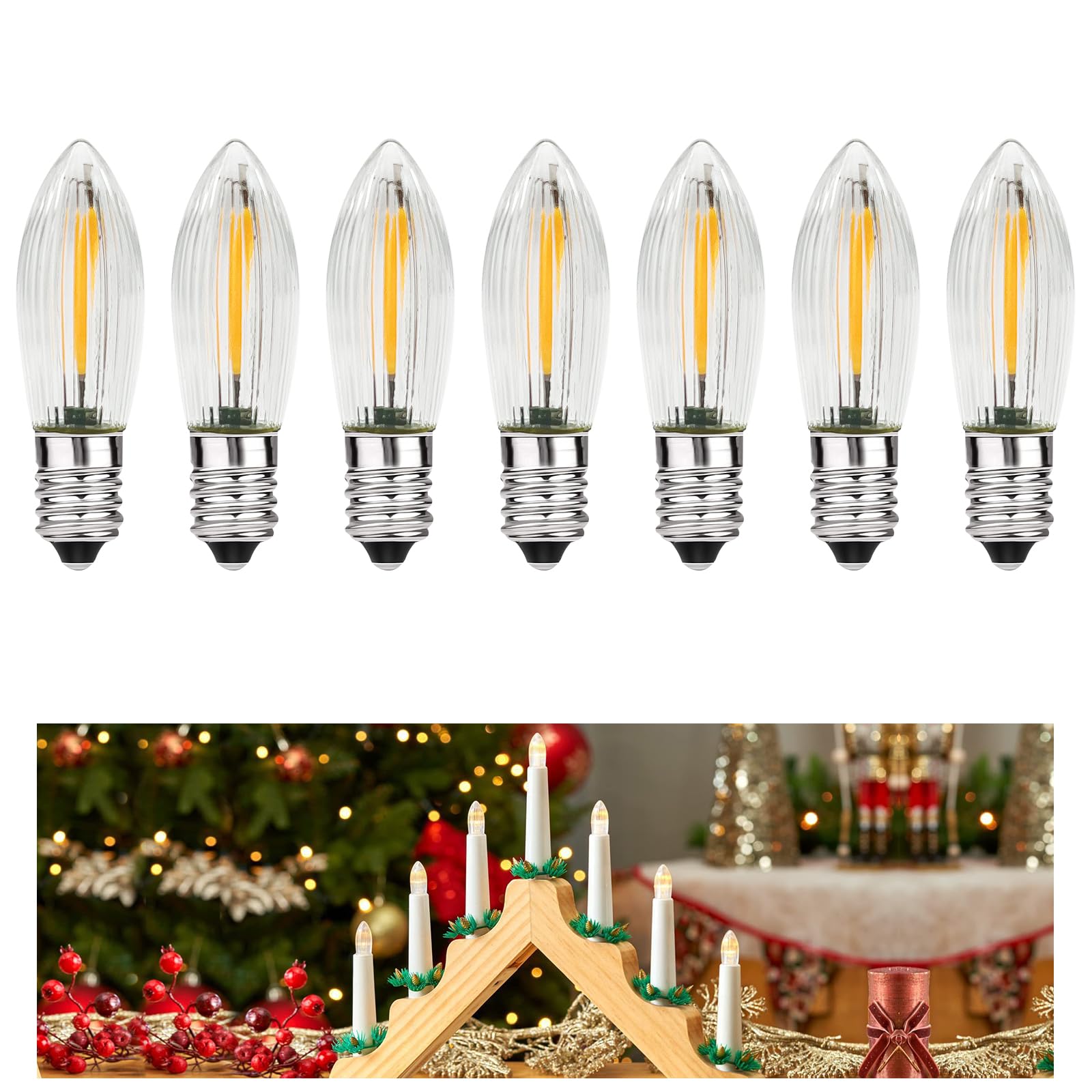 MZYOYO 7 Stück E10 LED Glühbirne,AC14V-55V E10 LED Kerzen für Schwibbogen,Schwibbogen LED Kerzen 2100K Warmweiß,E10 LED Spitzkerzen LED Birnen für Schwibbogen,0,2W,3LM,Klar