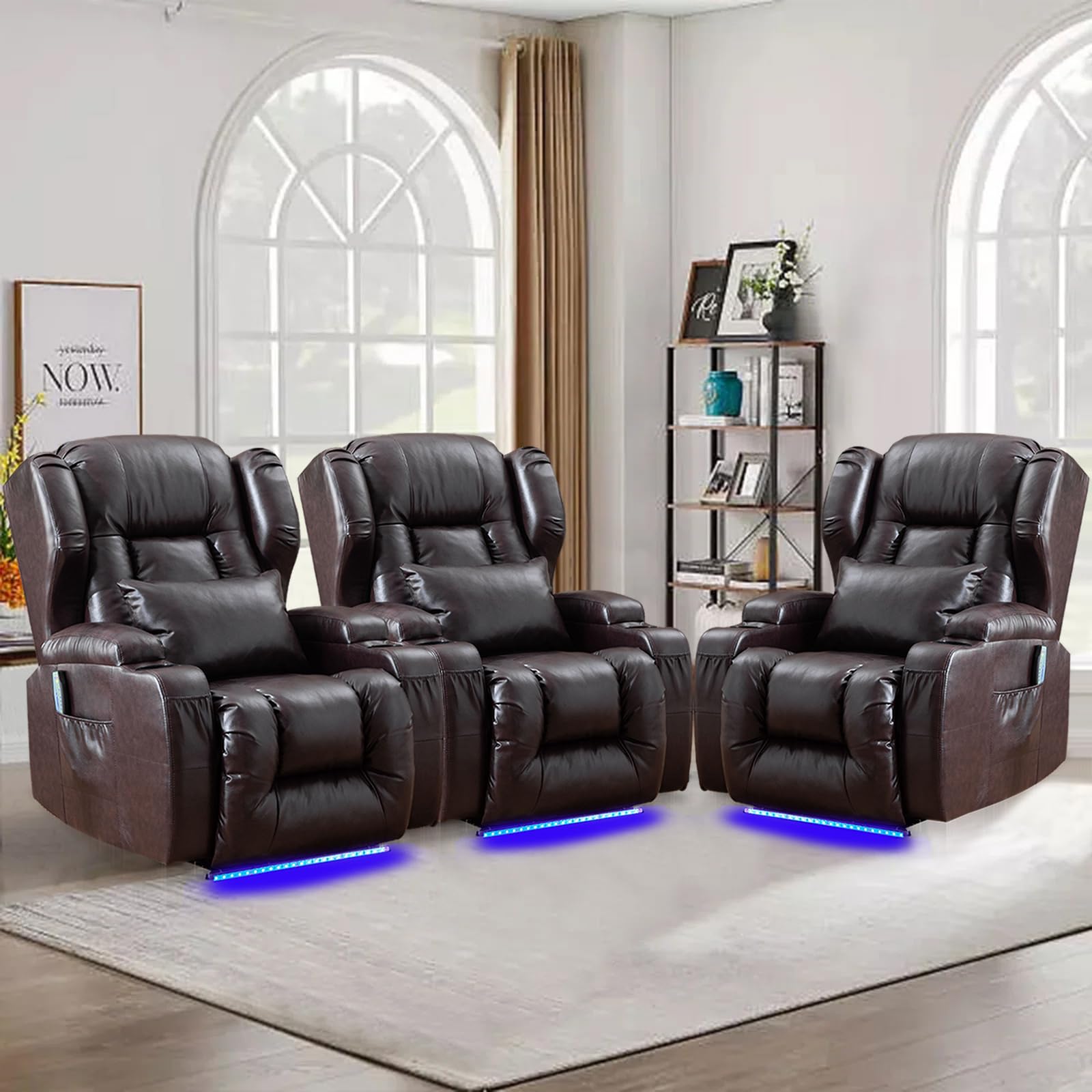 Oprisen Power Recliner Chair Set of 3 Overstuffed Home Theater Seating w/Heat Massage Electric Movie Gaming Sofa Reclining Sleeper Chair with LED Light/Lumbar Pillow/USB Port/Cup Holders