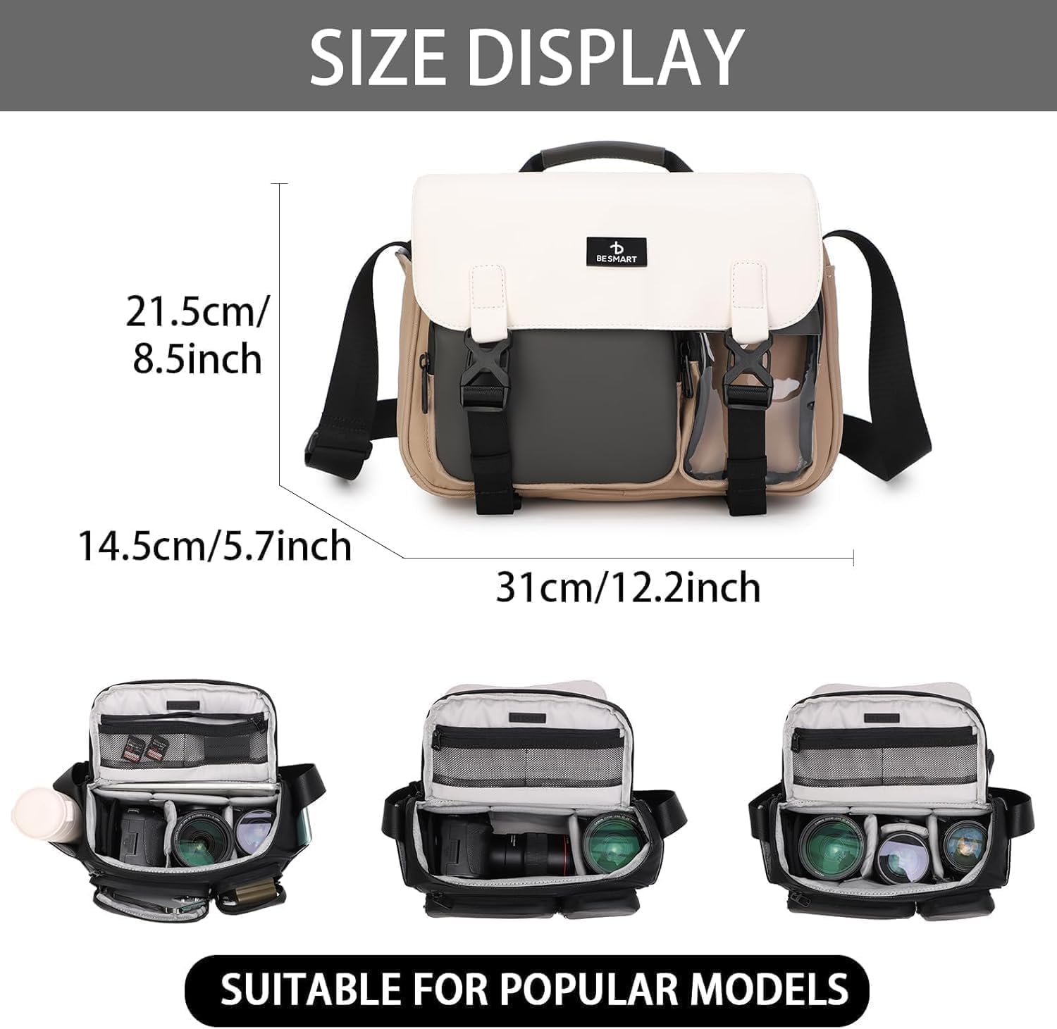 BESMART Waterproof Professional Camera Bag with Tripod & Trolley Sleeve, Shockproof Camera Case Shoulder Bags for DSLR/SLR/Mirrorless Cameras, Crossbody Sling Soft Padded Photography Bag (Khaki)